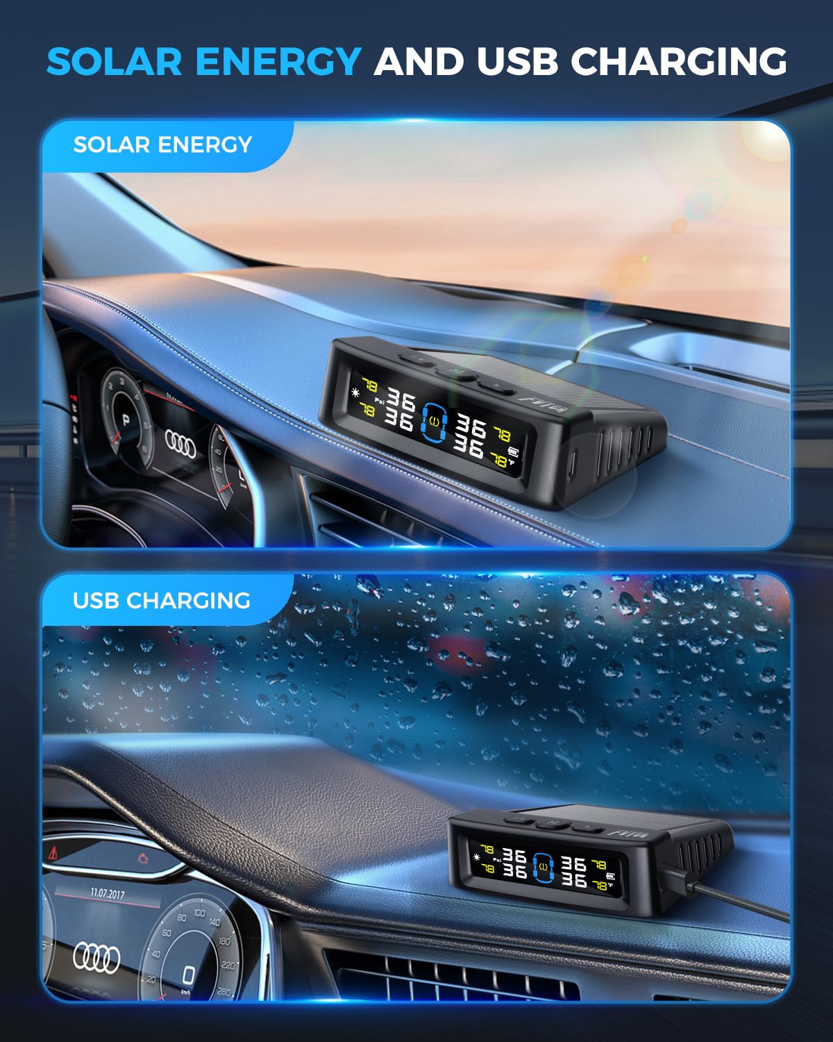 Tire Pressure Monitoring System - TPMS with Solar and USB Charger, 4 Tire Sensors and 6 Alarm Modes, Auto on/Off and Voice Prompt, TPMS with Color LCD Screen, for RV, Sedan, SUV, MPV, etc (0-87 PSI)