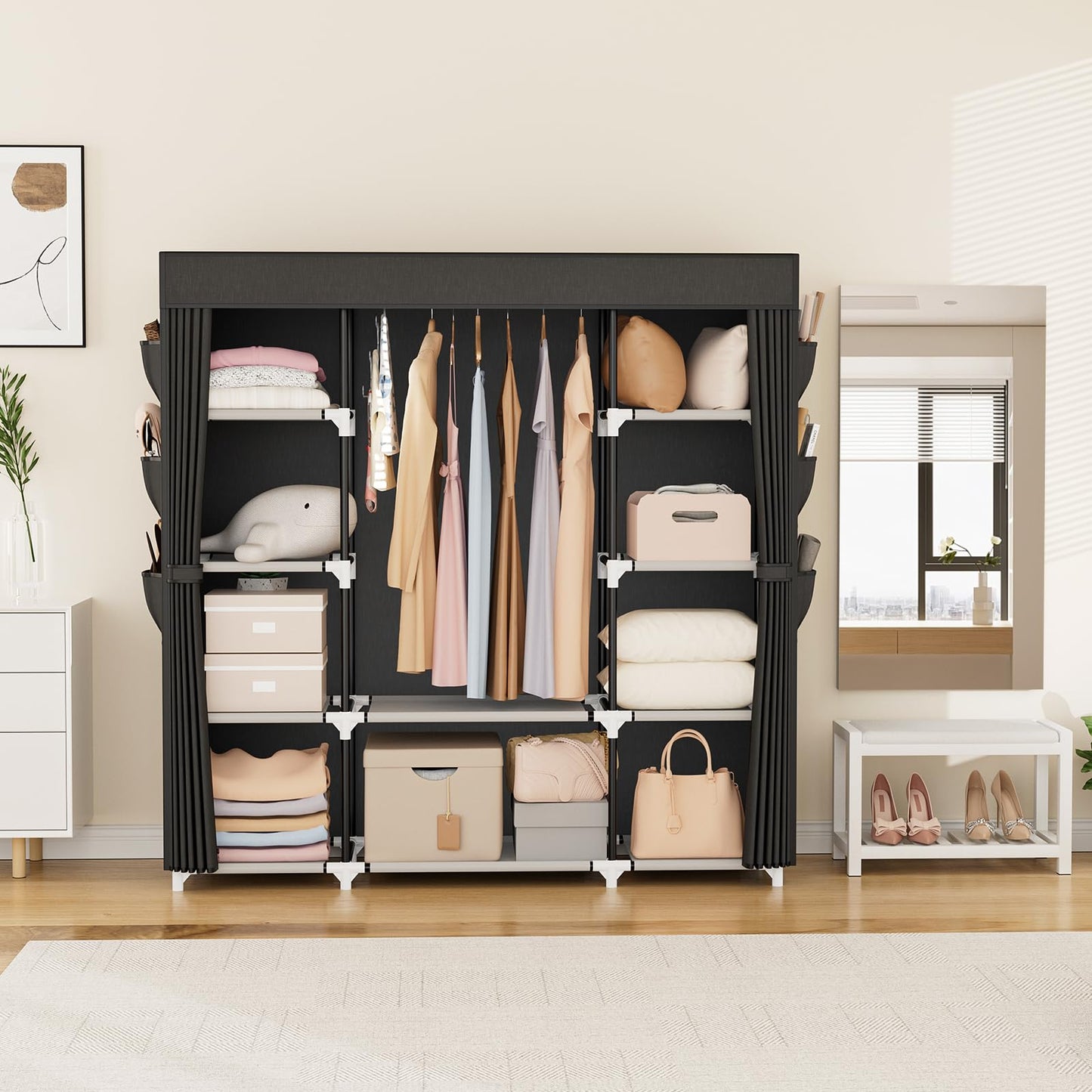 VTRIN Portable Closet Wardrobe for Hanging Clothes 57.3 Inch Large Capacity Clothes Rack with Cover, 10 Storage Organizer Shelves, 1 Hanging Rods and 6 Pockets, Free Standing Closet for Bedroom, Black