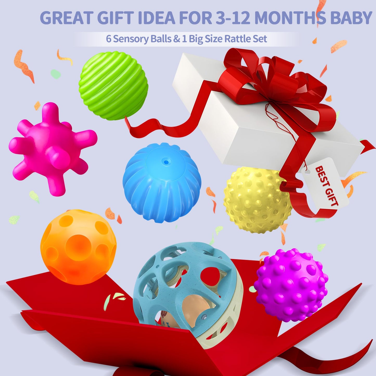 ROHSCE Sensory Toys for Babies Bundle - Textured Baby Balls & Wheat Straw Rattle + Silicone Rainbow Stacker, Montessori Nesting Blocks Soft Building Toys (7CPS), Baby 6-12 Months, Toddler Toys 1-3