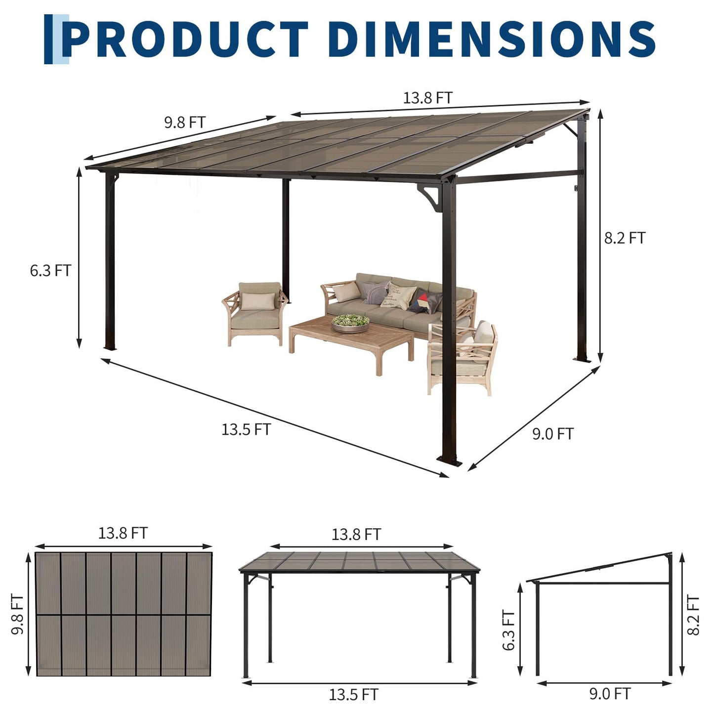10x14 FT Heavy Duty Wall Mounted Gazebo Pergola,All-Weather Lean to Gazebo with 6mm Anti-UV Polycarbonate Roof & Pre-Drilled Post Bases,Metal Frame Awning,Hard Top Gazebos for Outdoor Deck & Backyard