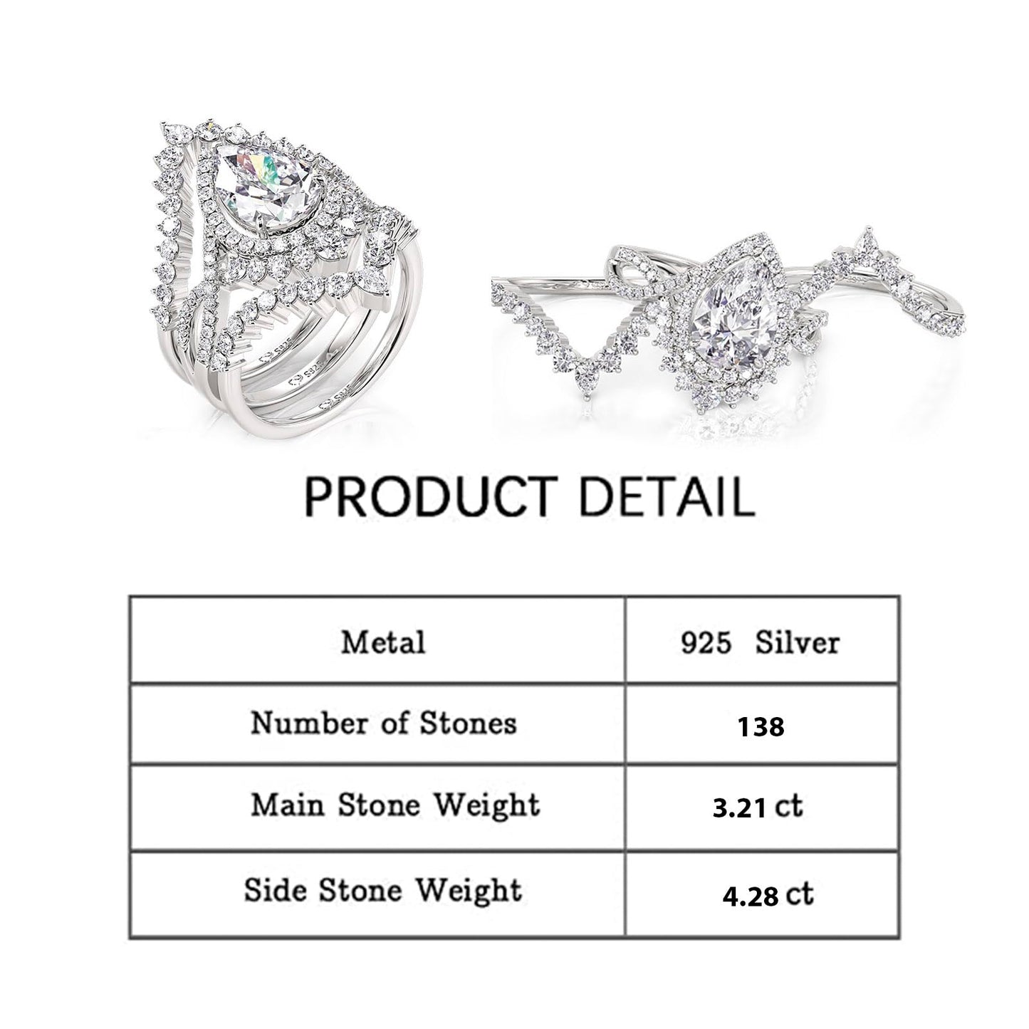 Jeulia 2PCS Interchangeable Engagement Ring Set for Women; 925 Sterling Silver Marquise/Pear Cut Wedding Ring Set Romantic Anniversary Christmas Bridal Set with Jewelry Gift Box (Pear Cut, 7.5)