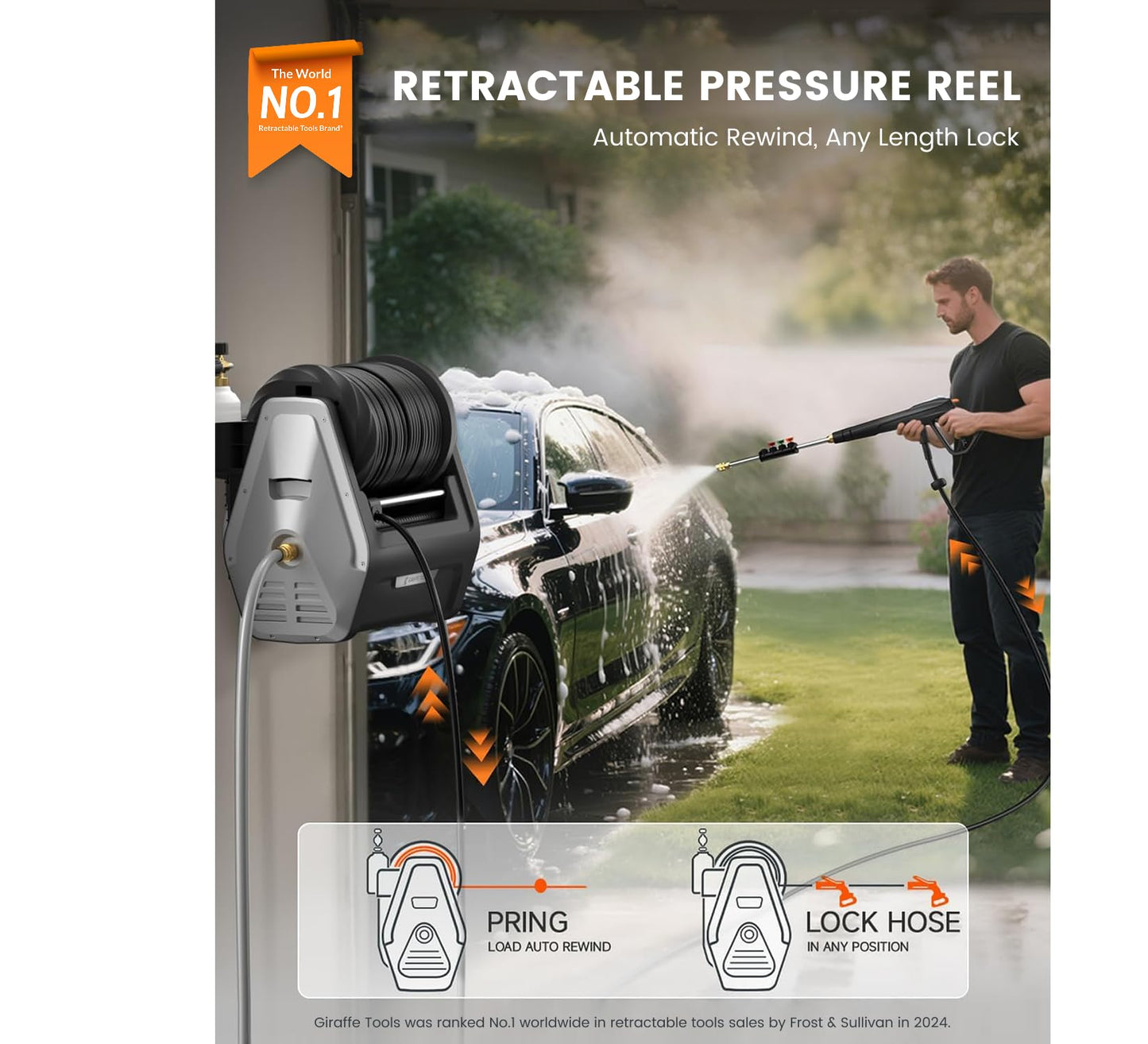 Giraffe Tools Wall Mounted Pressure Washer G30 with Upgraded 1800W Motor, Max 2900 PSI, 2.2 GPM Electric Power Washer with 100ft Retractable Black Pressure Hose, Automatic Rewind, Light Silver