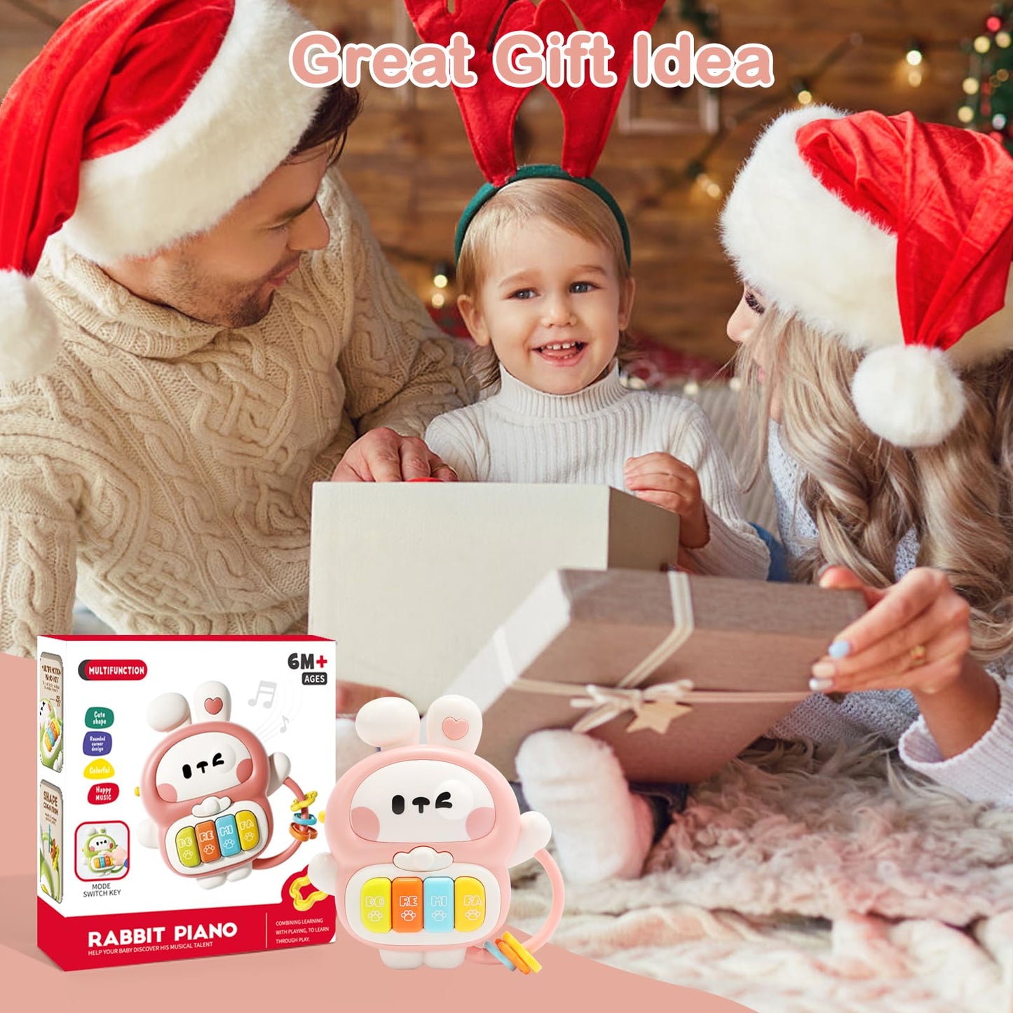 Redbeann Baby Musical Toys 6-12 Months, Rabbit Piano for Baby Musical Toys for Toddlers 1-3, Busy Board with Music & Light, Birthday Toy for Infant Toddler 1 Year Old Boy Girl Gifts (Pink)
