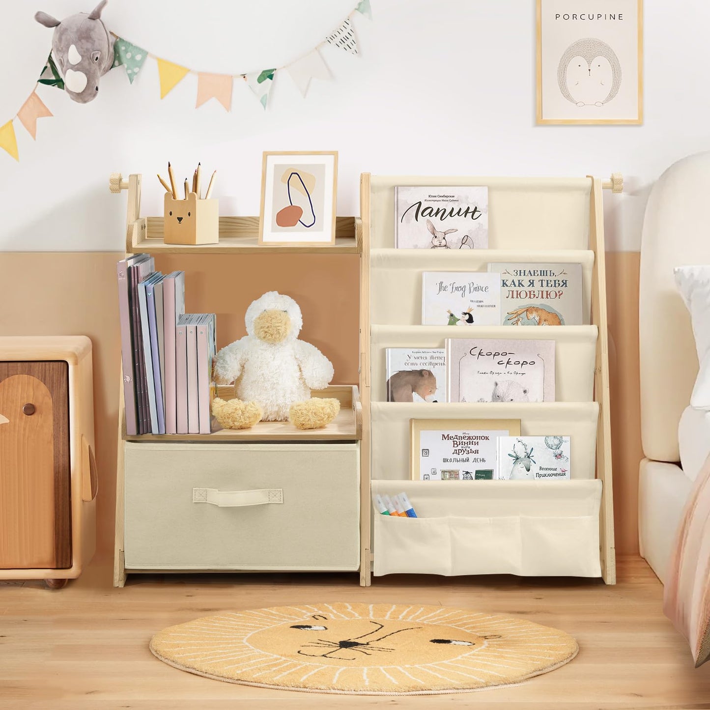 wooshwa Kids Bookshelf and Toy Organizer 2 in 1,Book Shelf for Kids Rooms with Movable Toy Bin,4 Tier Toddler Sling Book Rack for Nursery Bedroom Playroom (Beige)