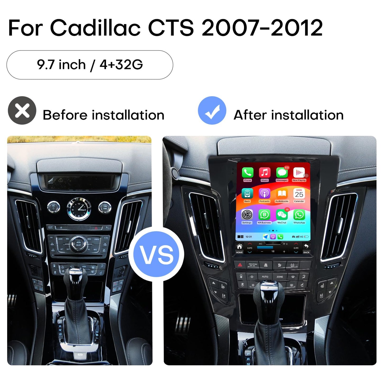 Car Radio for Cadillac CTS 2008-2012 Stereo Replacement Upgrade Carplay Android Auto Vertical Touch Screen Tesla Style with DSP in Dash Headunit Multimedia Player Audio Voice Control (Black)
