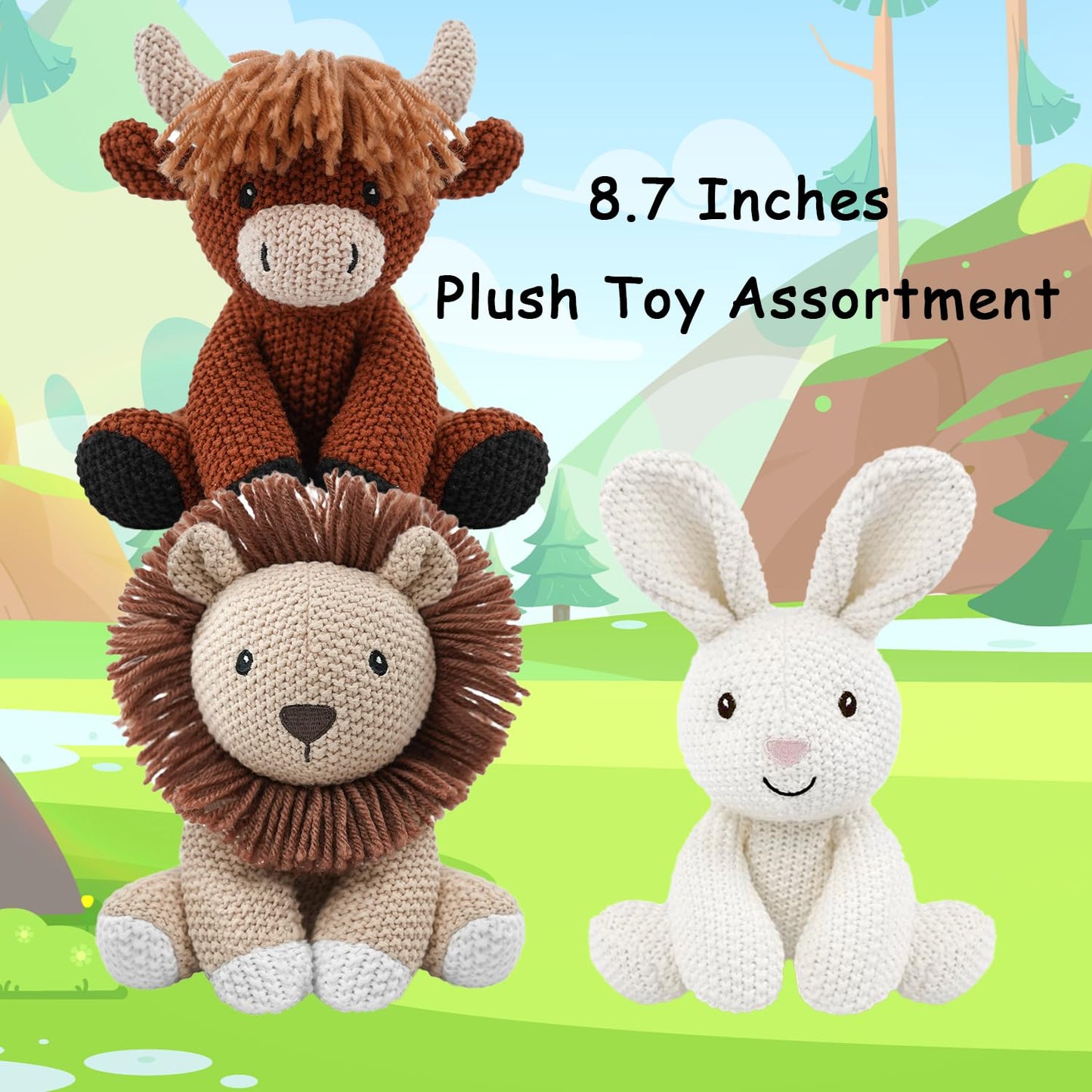 3Pcs Easter Stuffed Animals Toys for Girls 7-8 Inch Cute White Bunny Plush, Cuddly Highland Cattle Toy and Soft Crochet Lion Knitted Cotton Baby Plush Toy Gift for Kids and Newborns, Christmas