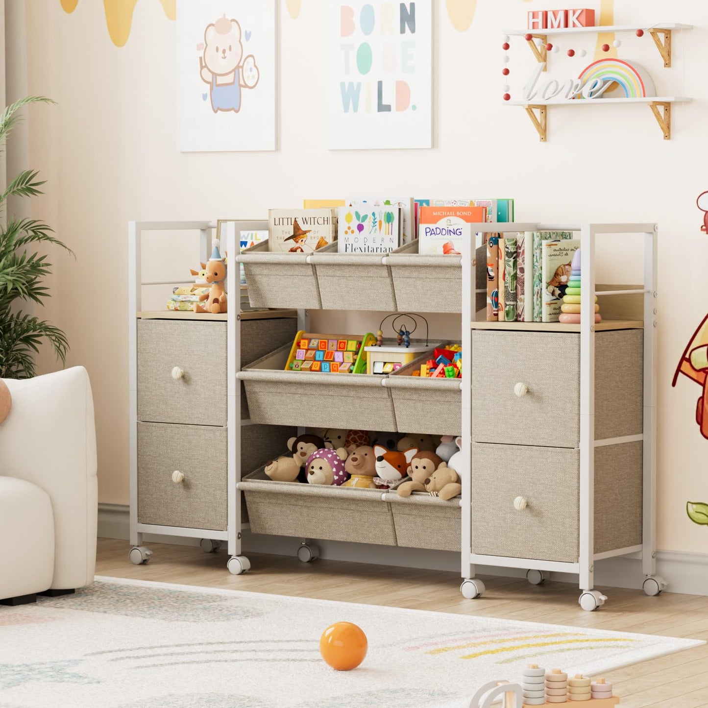 Kids Toy Organizers and Storage Bins - 7 Storage Bins + 4 Fabric Drawers + 2 Bookshelf, Playroom Storage, Mobile Cart Organizer for Toy, Clothes, Blankets and Books - Off White