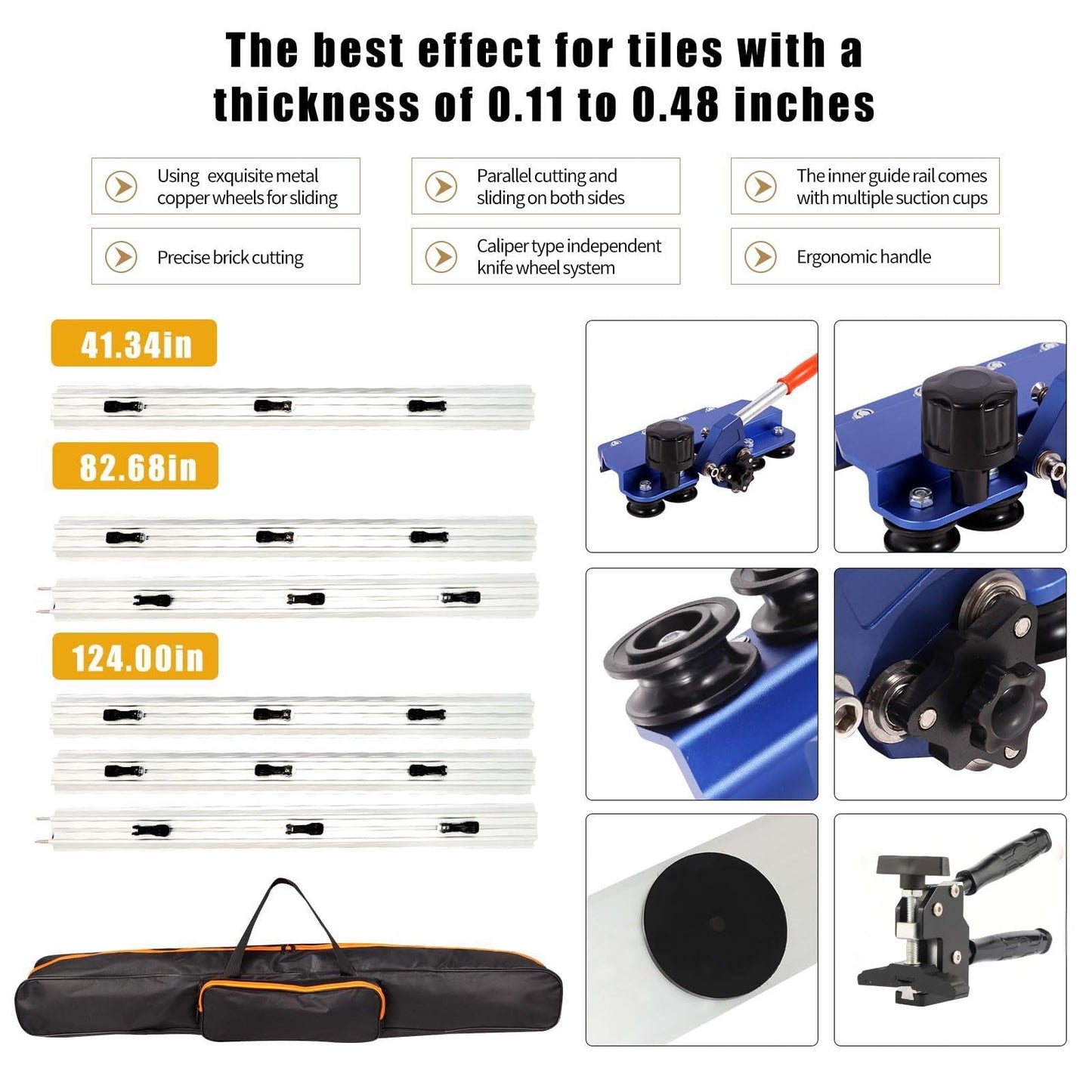 110" Professional Large Format Manual Tile Cutter with Built-in Suction Cups & Tile Pliers, 3 Push Knives – Cuts Porcelain, Ceramic & Stone Tiles up to 4.7" Thick (Blue)