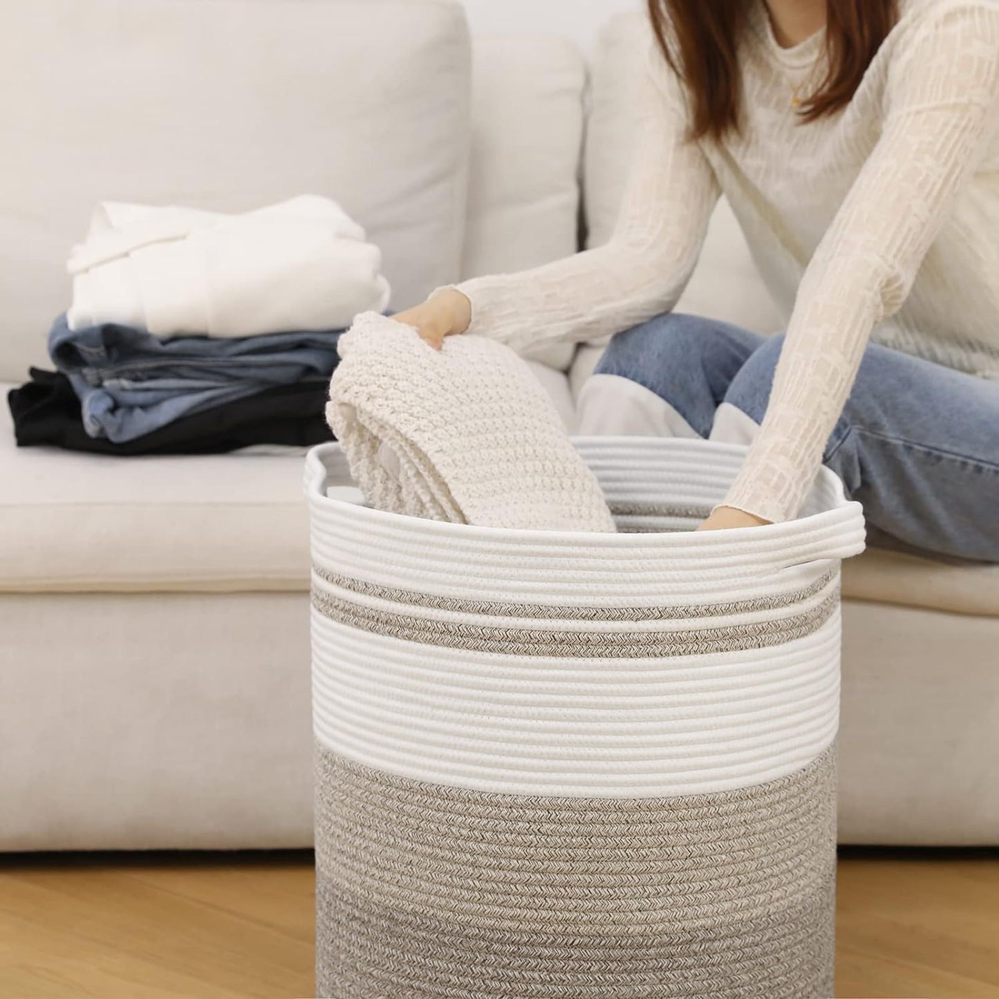 Nonazippy laundry hamper 18x18x20, 80L – large basket for blankets, toy basket,Cotton Rope Blanket Basket Living Room, Baby Laundry hamper for Blanket, Nursery, –stuffed animal storage(Rainbow color)