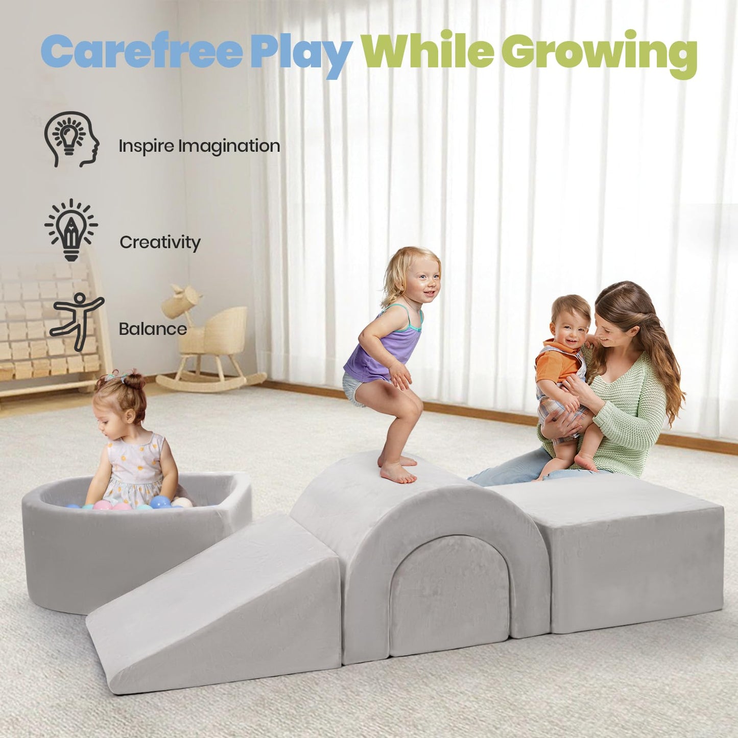 Rinnebbit Foam Climbing Blocks for Toddlers, 5-Piece Tunnel Climber and Crawl Playset, Indoor Activity Play with Ball Pit, Machine Washable Velvet Cover, Soft Climbing Toy for Kids 1-3 (Gray)