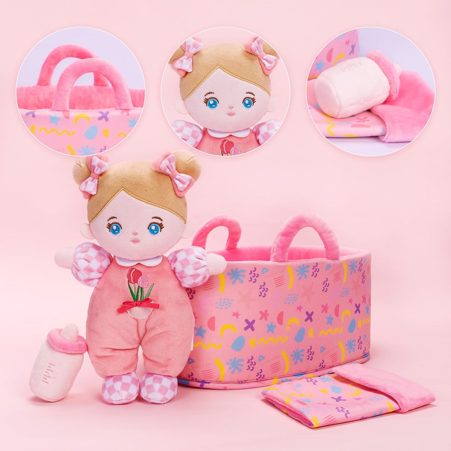 OUOZZZ Baby Doll Accessories with Soft Doll, Bassinet, Blanket and Bottle, Interactive Pretend Playset for Social Emotional Learning, Toy for 2 Year Old Girls