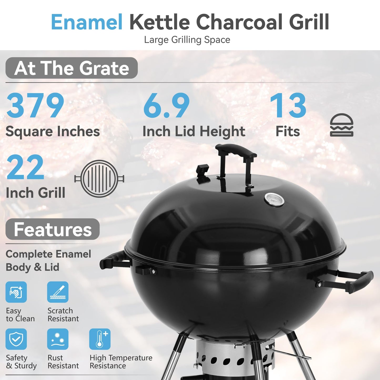 GREEN PARTY 22 inch Kettle Charcoal BBQ Grill with Wheels, Portable Charcoal Grill with Porcelain-Enameled Lid & Ash Catcher for Outdoor Cooking Barbecue Camping Picnics Tailgating, Black