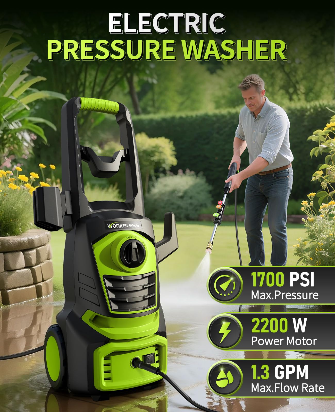 WorkBless Electric Pressure Washer, 1700 PSI Max 1.3 GPM Power Washer with 3 Nozzles, High Pressure Washer with Foam Cannon for Car, Driveway, Patios