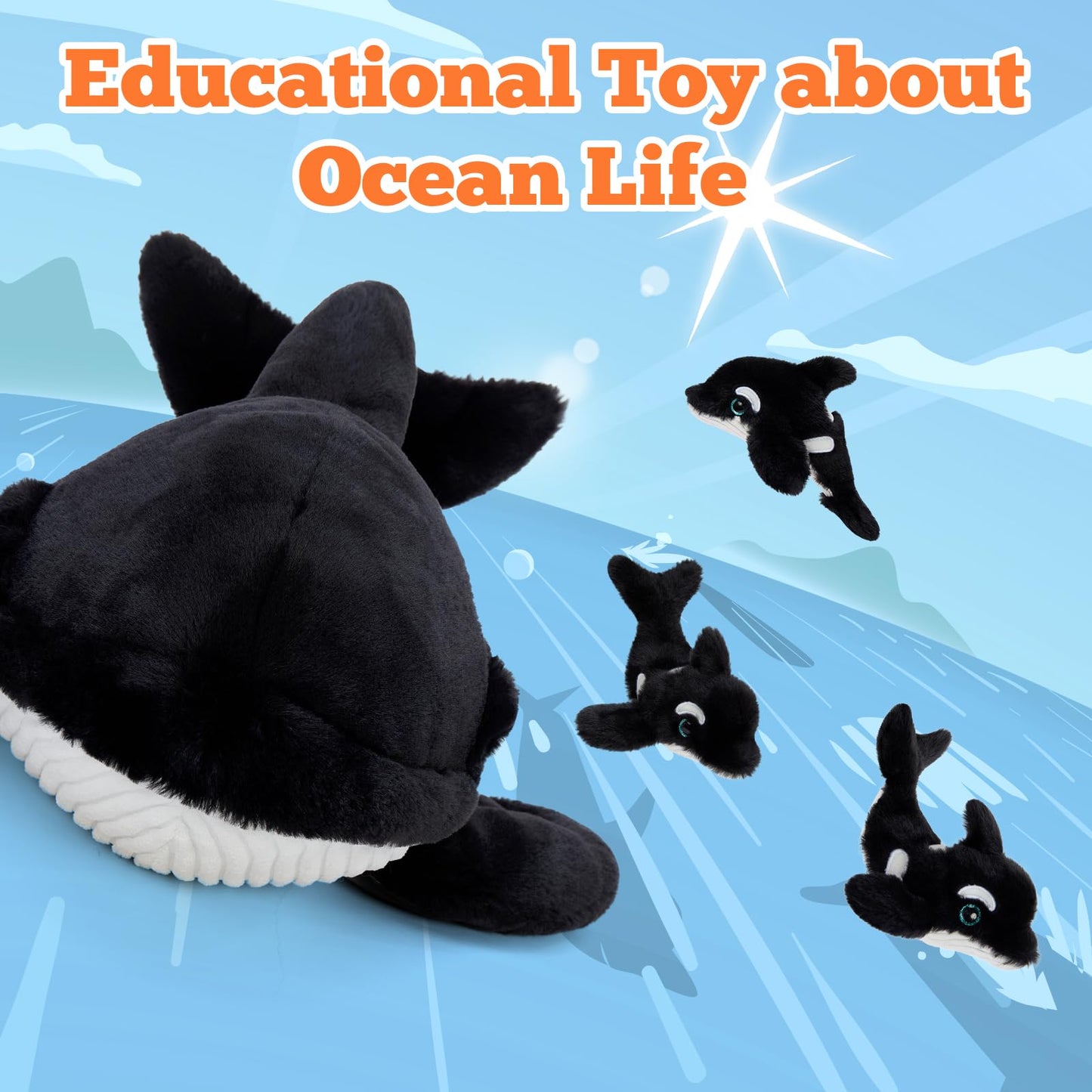 Tezituor Large Orca Stuffed Animal with 3 Babies Glow in The Dark, 23.6" Huggable Killer Whale Plush Toy Realistic Soft Ocean Animal Plushies Birthday Gifts for Boys Girls