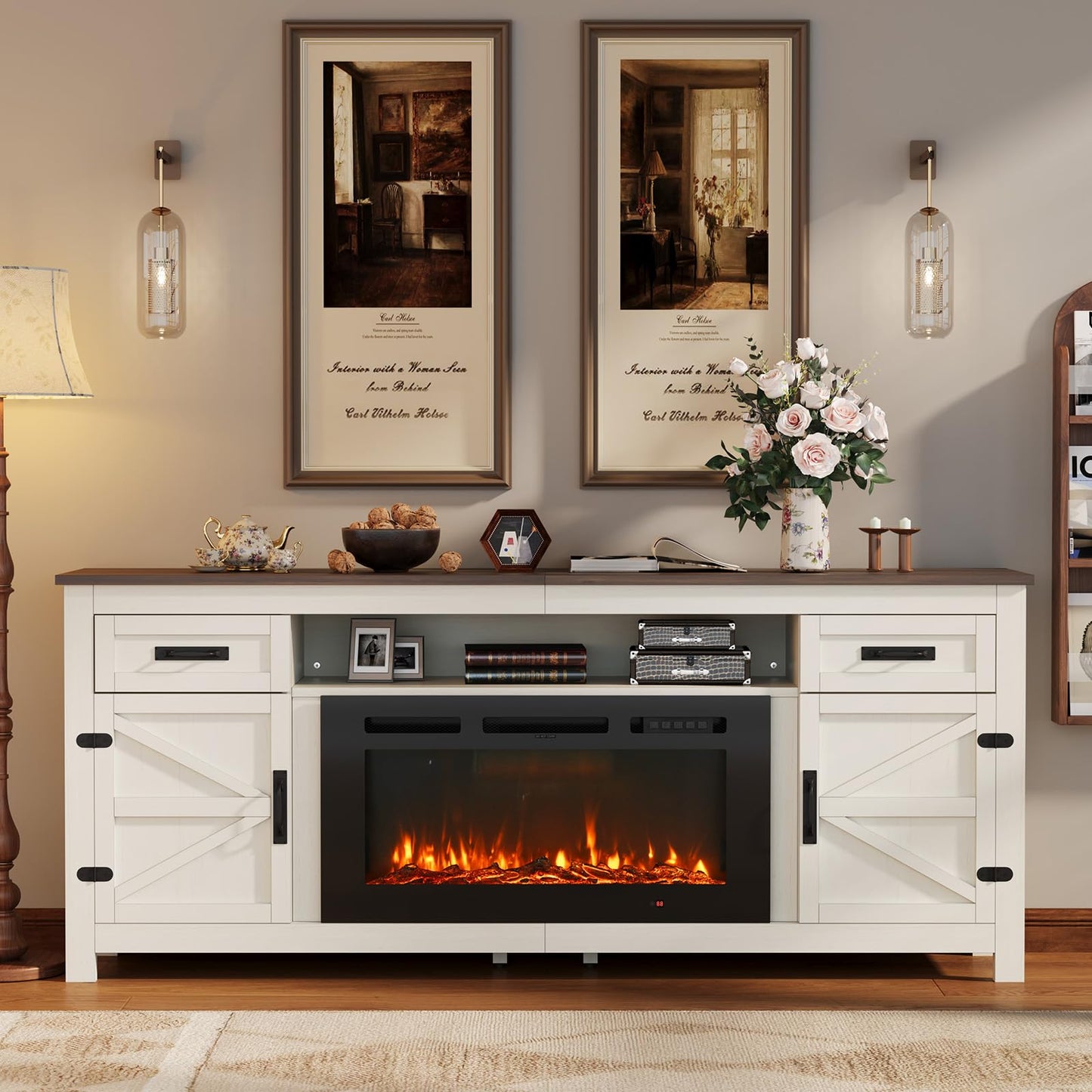 Nordivale Fireplace TV Stand with Barn Door for TVs up to 90", Farmhouse 80" Fireplace Entertainment Center with Storage Cabinets, White TV Stand and Black Fireplace
