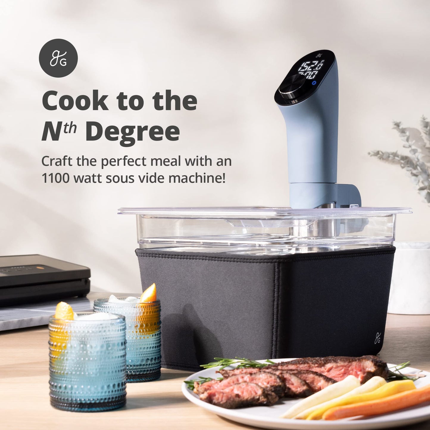 Greater Goods Pro Sous Vide Kit - An 1100 Watt, Powerful, Precise Sous Vide Cooker and Premium, Plastic Container with Sous Vide Rack, Lid, and Neoprene Sleeve | Designed in St. Louis (Stone Blue Kit)