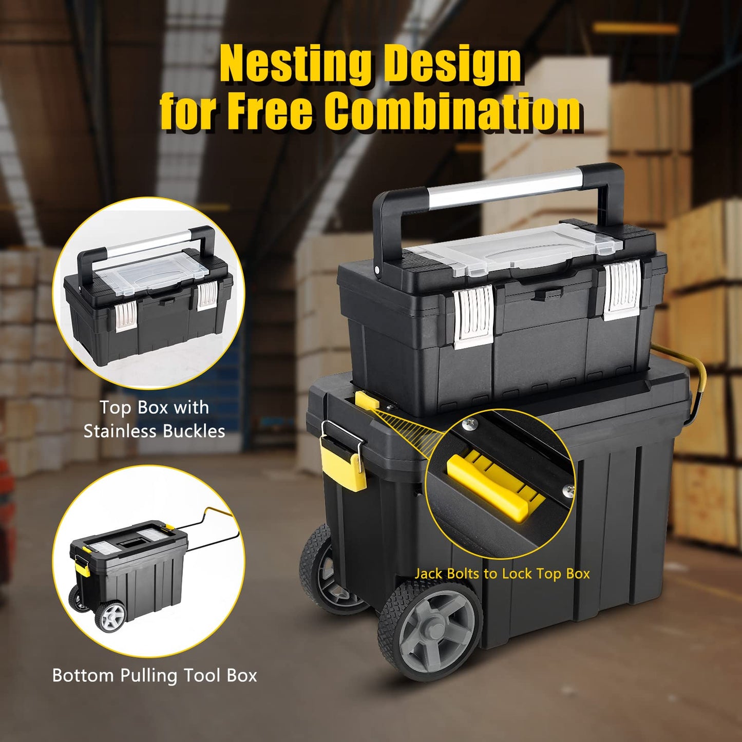 Goplus 2-in-1 Tool Box Portable Rolling Toolbox Storage Solution Multi-Purpose Plastic Organizer Set Mobile Workshop with Wheels