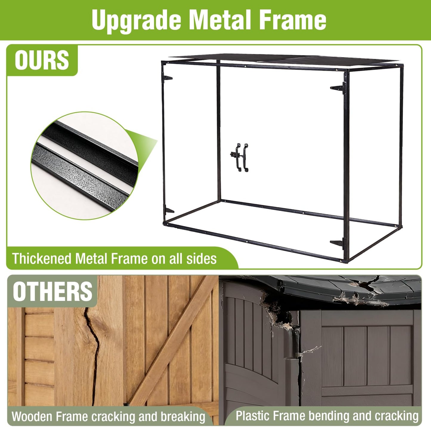 Joyqinchen Outdoor Storage Shed with Strong Metal Frame, Wooden Garden Sheds with Adjustable Shelves and Removable Floor, Weatherproof Outdoor Trash Can Shed, Horizontal Storage Cabinet for Patio