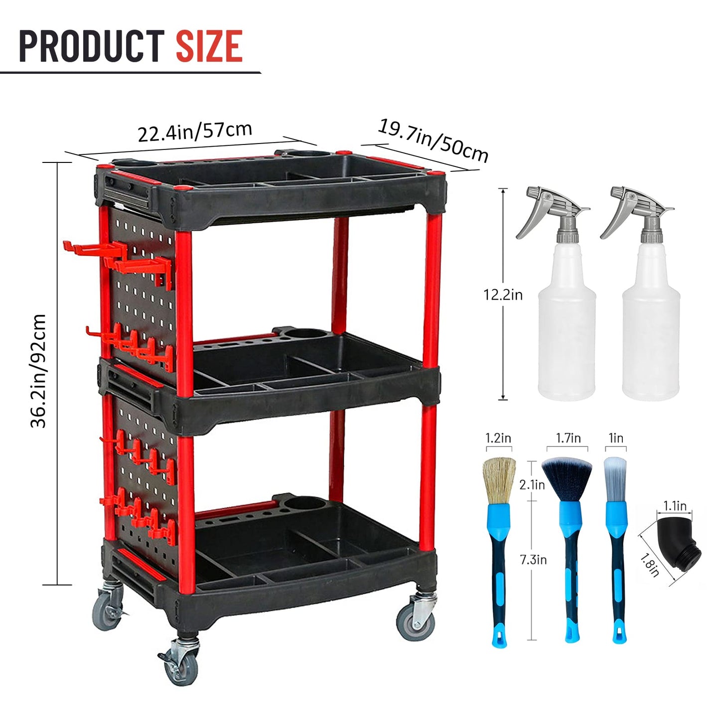 YTDTKJ 3-Tier Heavy-Duty Detailing Cart with Wheels, Rolling Detail Tool Cart, 200kg/440.92lb Capacity Tool Organizer for Car Wash, Workshop & Garage (Includes Hooks, Spray Bottles & Brushes)