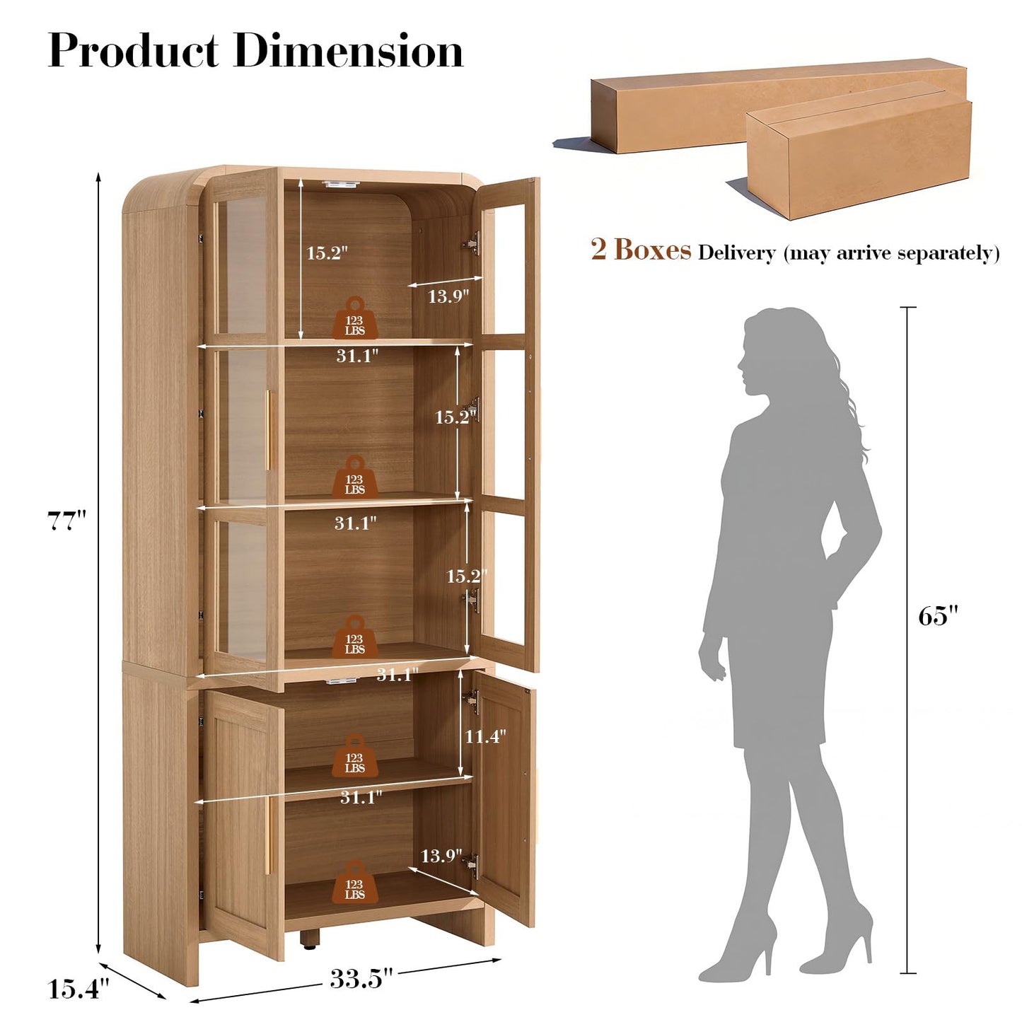EliteSet 77" Tall Kitchen Pantry Cabinets, Wooden Curved Storage Cabinets with 2 Adjustable Shelves, 1.18'' Panel Freestanding Cupboard for Dining Room, Living Room, Bathroom, Oak, 1Pcs