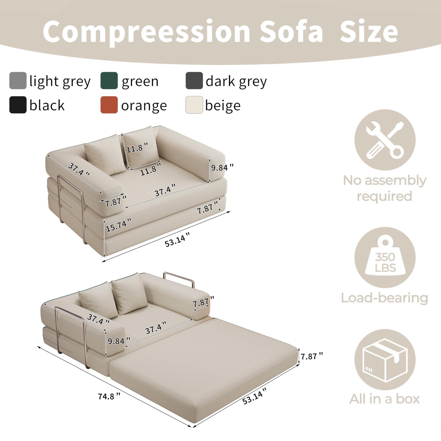 BSHOMGI 4 in 1 Futon Sofa Bed Queen Size - Foldable Convertible Sleeper Sofa Couch, Removable Washable Corduroy Cover, Space Saving Floor for Living Room (Beige, 53.15" Double Sofa)