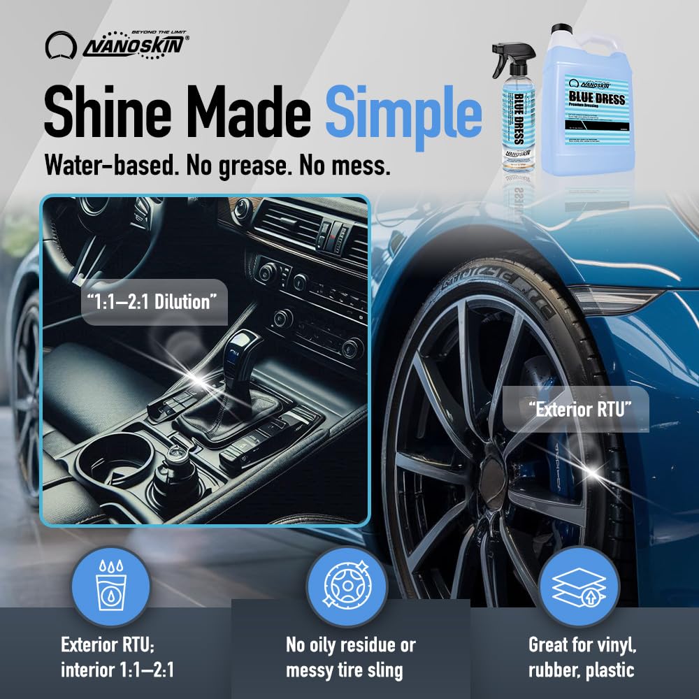 Nanoskin BLUE DRESS Premium Dressing 55 Gallons- Sprayable Interior & Exterior Dressing for Car Detailing | Works on Tire, Vinyl, Rubber, Plastic & Trim| Safe for Cars, Trucks, Motorcycles, RVs & More