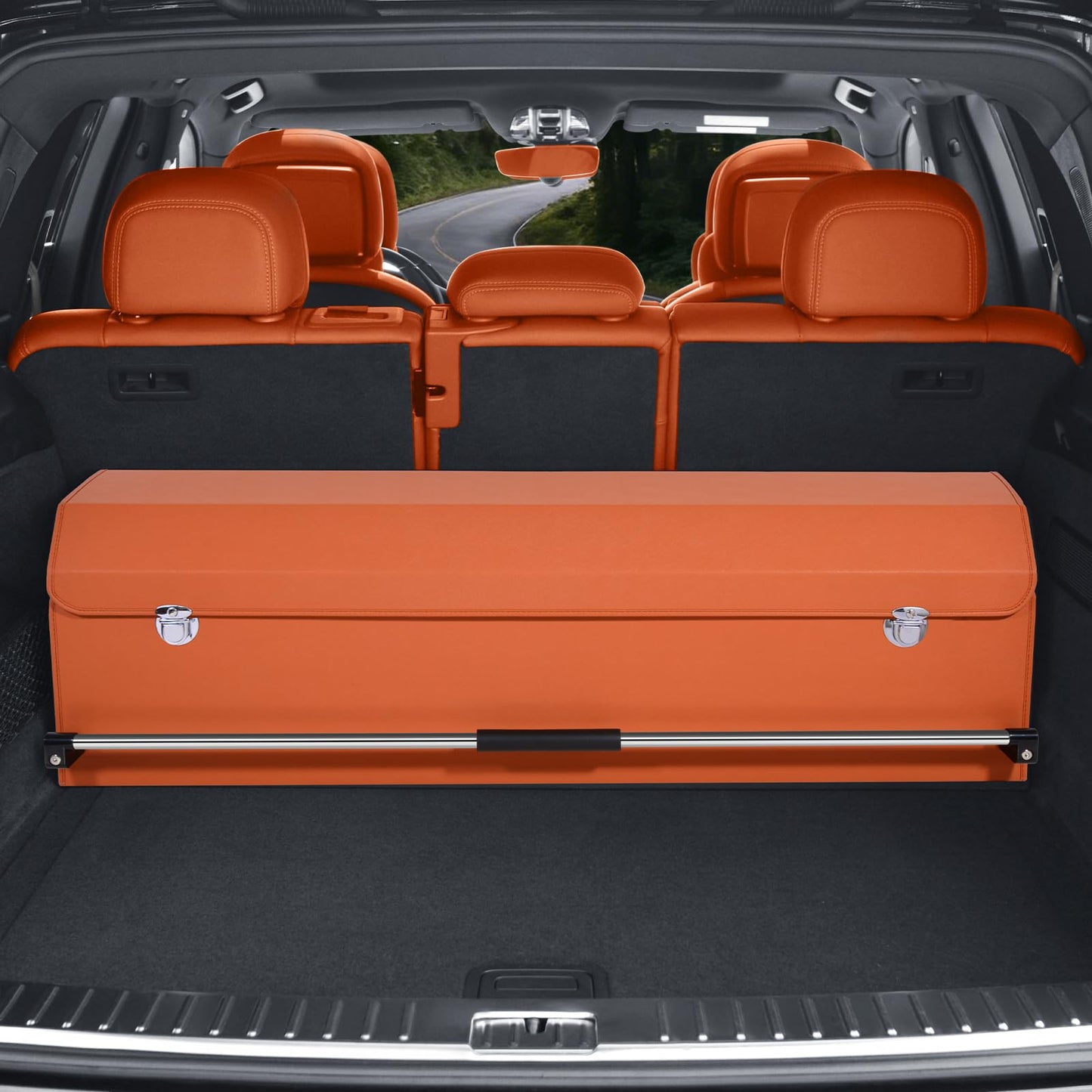 XCF Car Trunk Organizer, Collapsible Sturdy Trunk Storage Container with Lid and Handle Large Leather Car Trunk Storage (Orange, 39.7 x 11.4 x 12.2in)