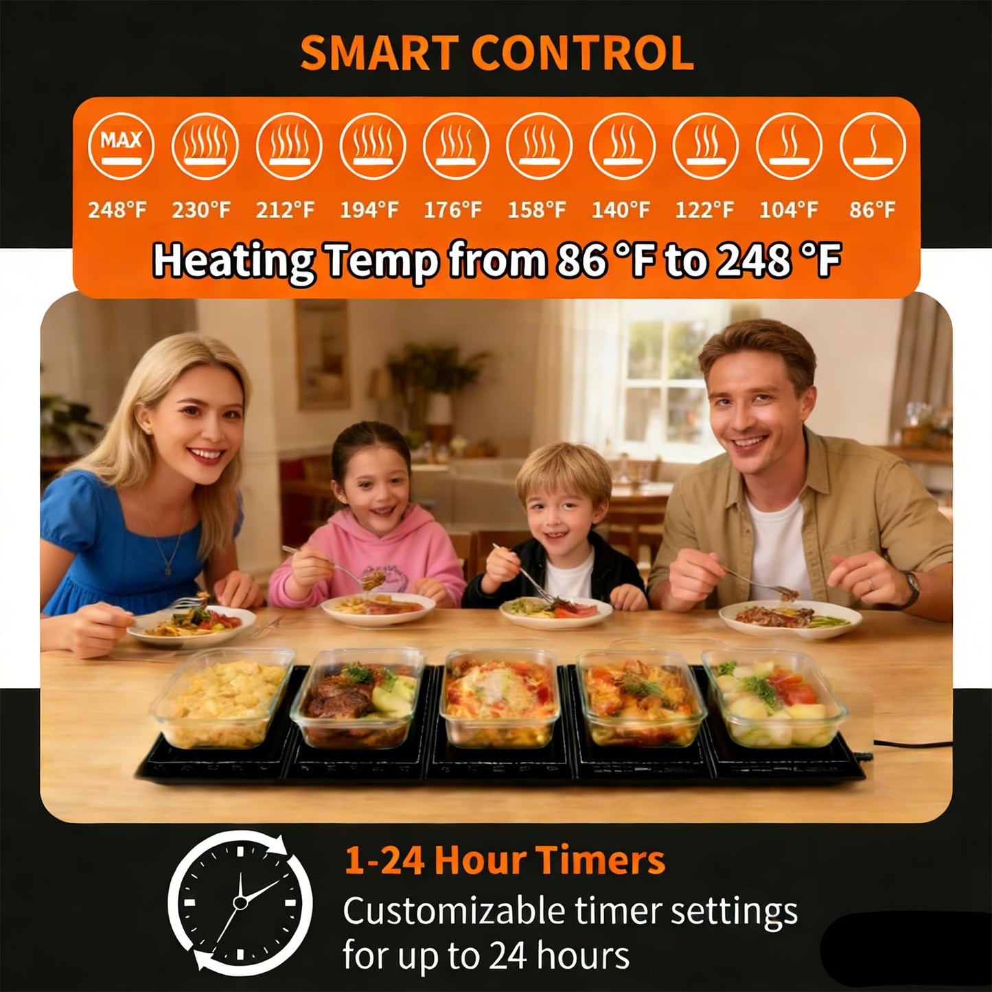 Electric Warming Tray,5-in-1 Modular Electric Food Warmers w/ 10 Heat Settings and 12H Timer,41"x 15" Warming Mat for Food, Built-in Thermostat and Surface Heating, Warming Tray for Buffet, Gatherings