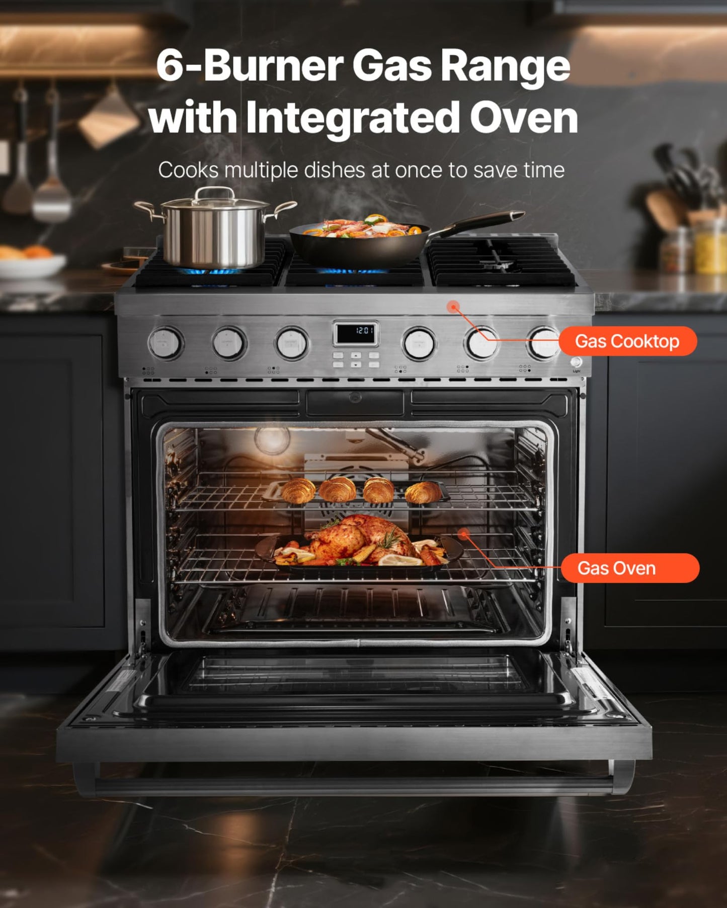 VEVOR Gas Range Oven, 36 Inches Width, Freestanding Stainless Steel Stove and Oven with 6 Sealed Cooktop Burners, Easy Reach Racks, Halogen Light, 6.0 Cu. Ft. Capacity, for Home Apartment Kitchen