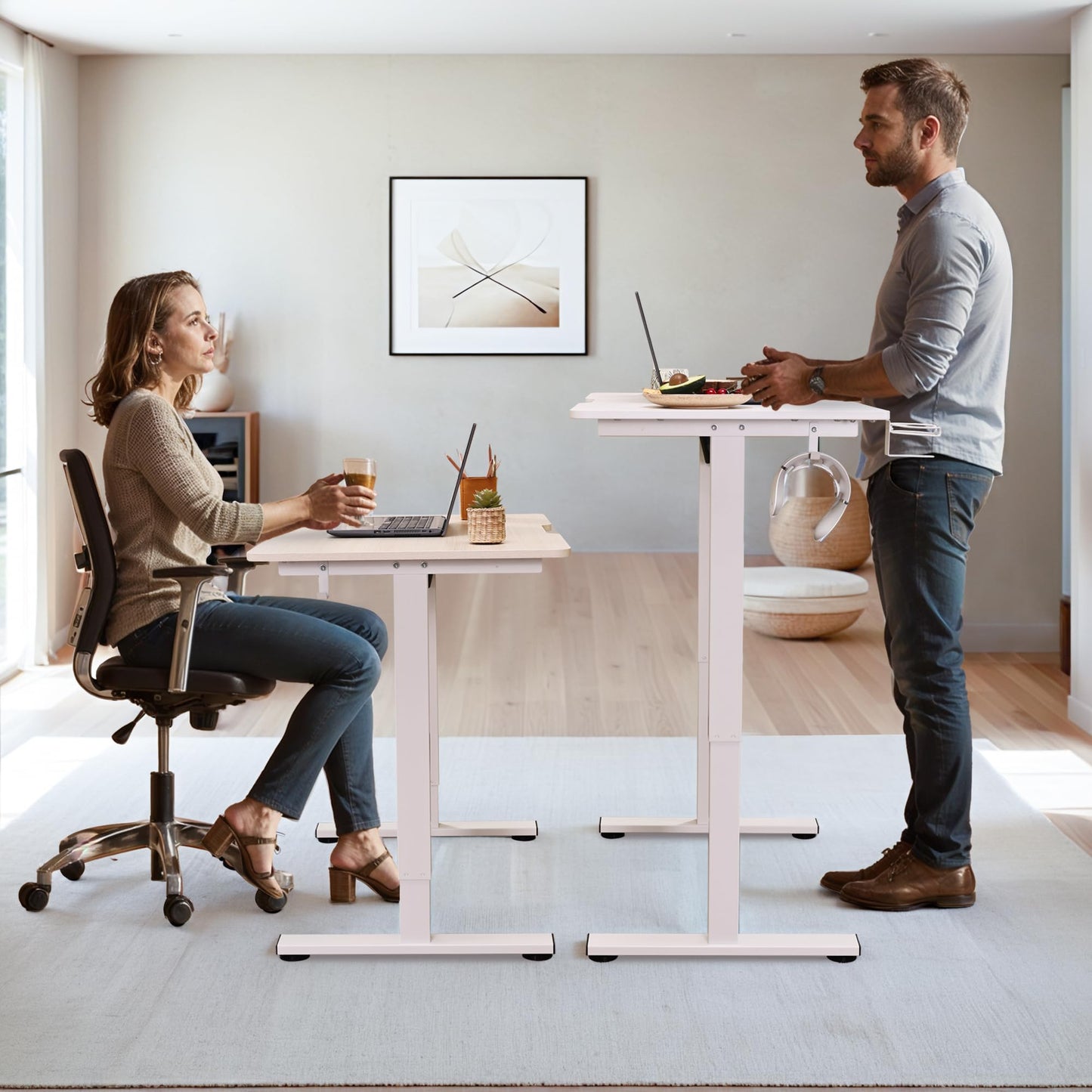 yaaqoo Small Standing Desk with Wheels, 35" x 24" Whole Piece Electric Height Adjustable Desks, Rolling Sit Stand Workstation with Cup Holder, Hook, White Frame, Oak Table Top