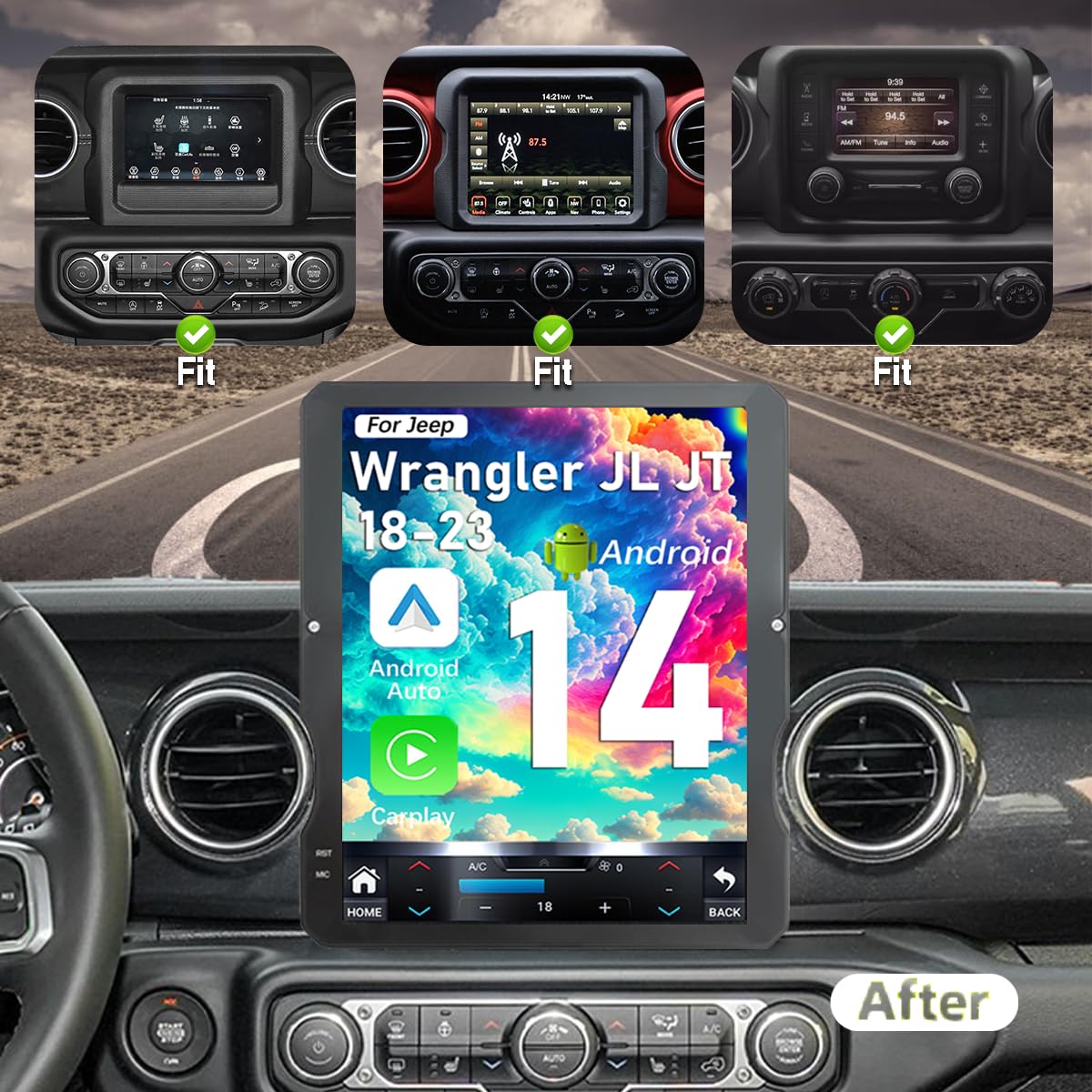Upgrade Car Radio for Jeep Wrangler Gladiator 2018-2023 Car Radio Android 14 Stereo Replacement 12.1 inch Touch Screen Tesla Vertical Screen Style with Wireless Carplay & Android Auto (4GB+32GB)