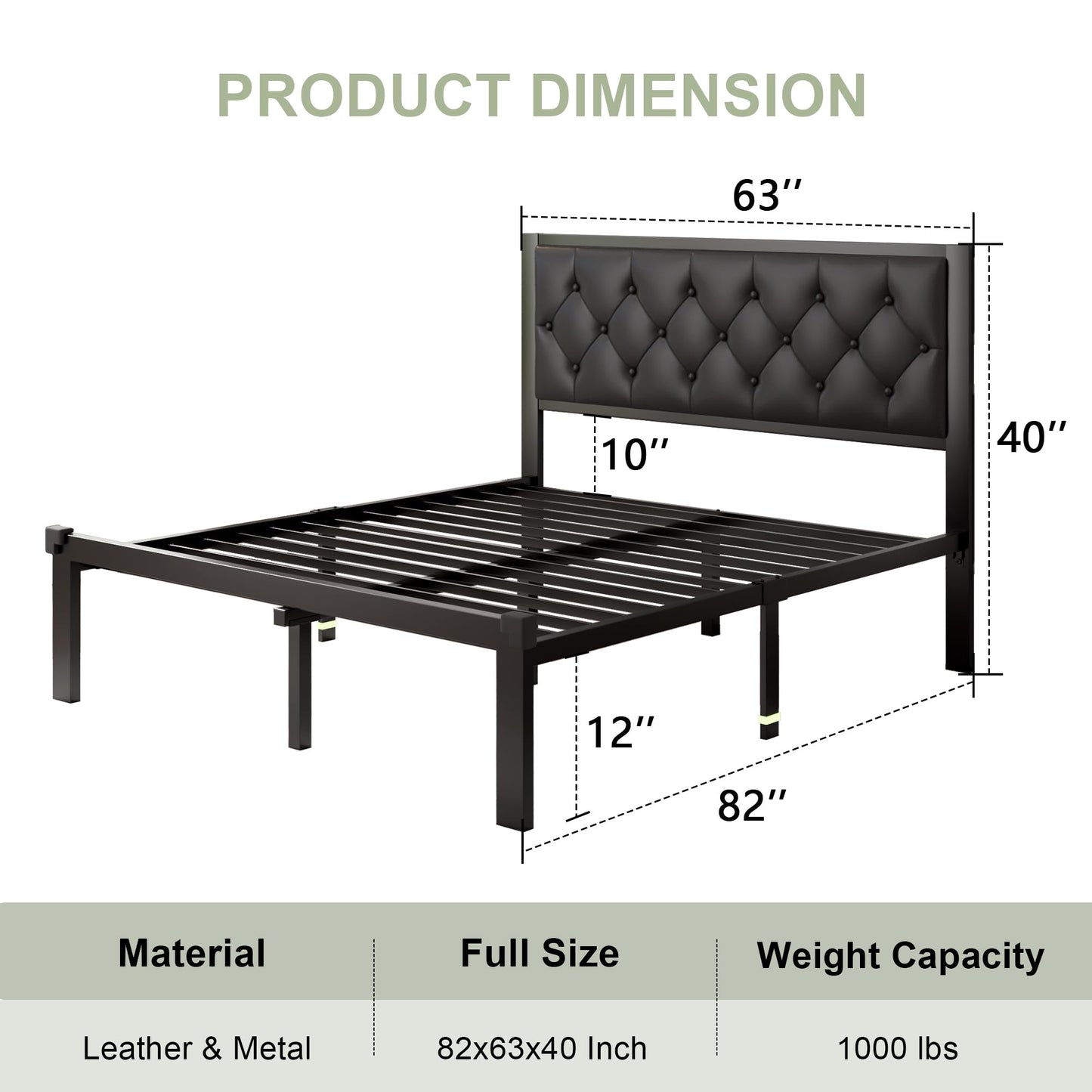 Feonase Queen Size Metal Bed Frame with Faux Leather Button Tufted Headboard, Heavy-Duty Platform Bed Frame with 12" Storage, Steel Slats Support, No Box Spring Needed, Noise Free, Matte Black