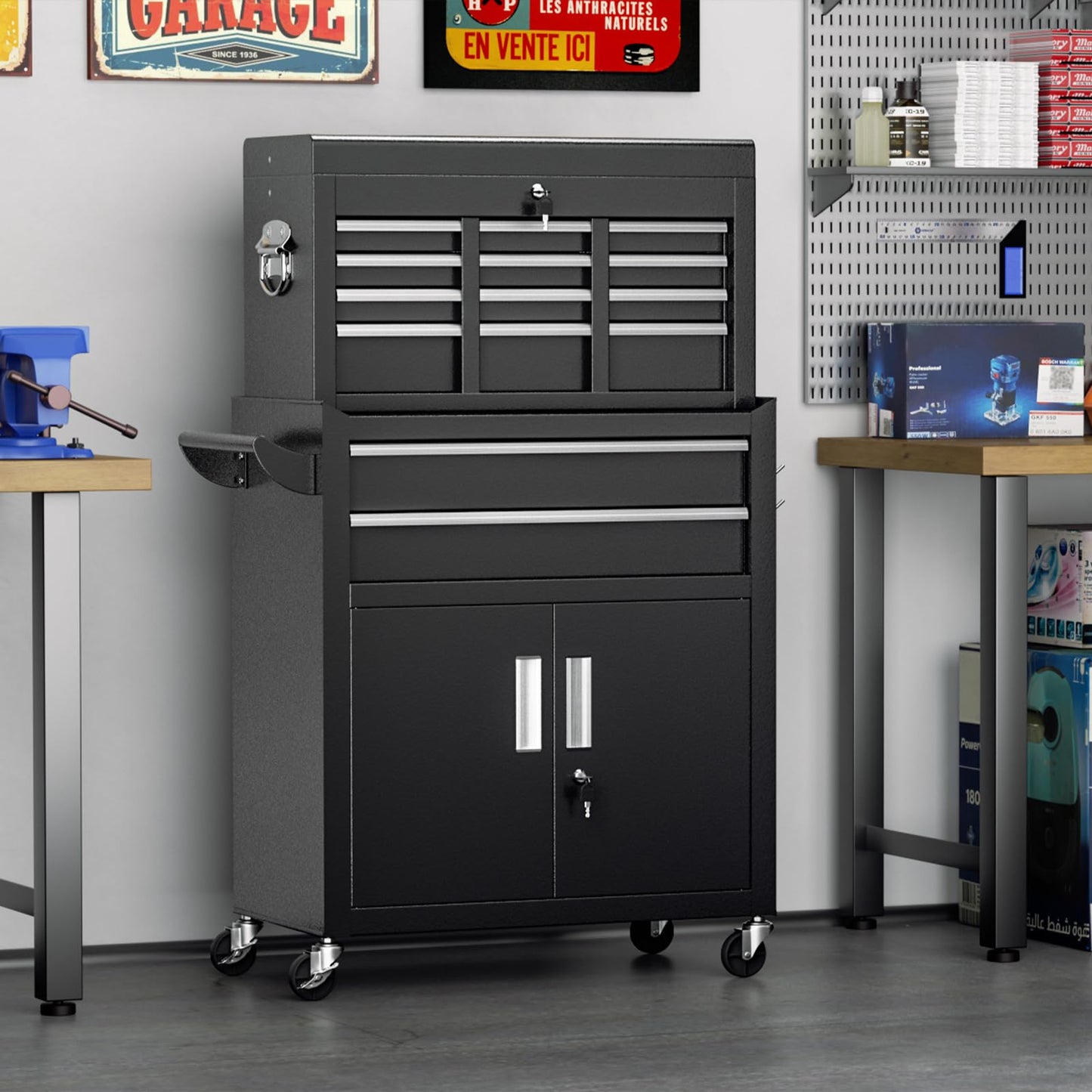 Superday Metal Tool Chest, 8 Drawer Rolling Tool Chest with Wheels, Detachable Tool Storage Cabinet with Lock for Garage, Steel Tool Cart with Liner & Hooks for Workshop, Warehouse (Black)