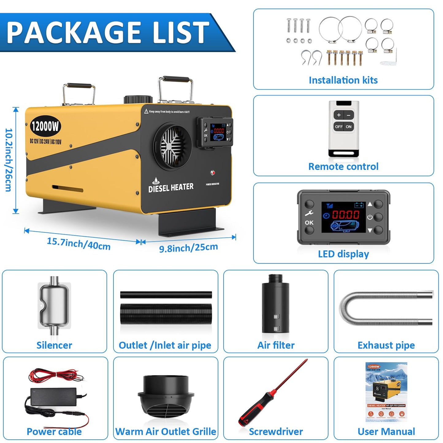 110V/12/24V 12000W Diesel Heater, All-in-One Air Diesel Parking Heater with Stylish Design, Come with Remote Control and LCD Screen, Timer Function for Home Shop Garage(NO Ticking)