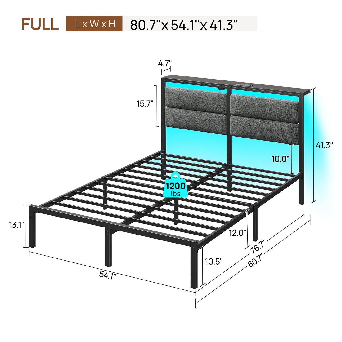 Rolanstar Full Size Bed Frame with Charging Station, LED Full Bed Frame with Upholstered Storage Headboard, Platform Bed with Metal Slats & Under Bed Storage, No Box Spring Needed, Noise Free, Grey
