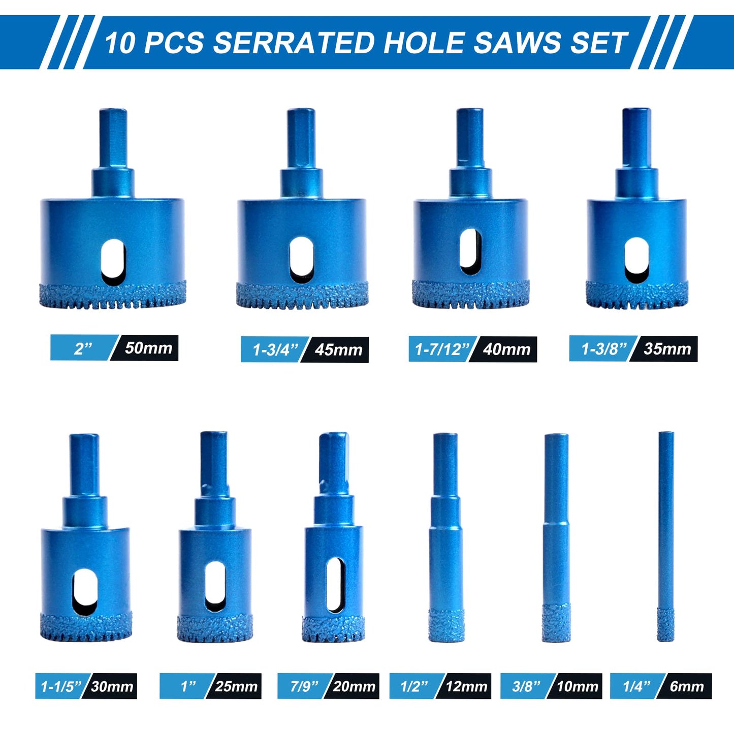 MARSBASE Diamond Hole Saw Tile Drill Bits Kit, 10 PCS Serrated Brazing Tile Core Drill Bits Sets with EVA Hole Saw Guide Jig Hollow Drill Hole Saw for Ceramic, Glass,Tile,Gypsum,Wood Marble,Granite