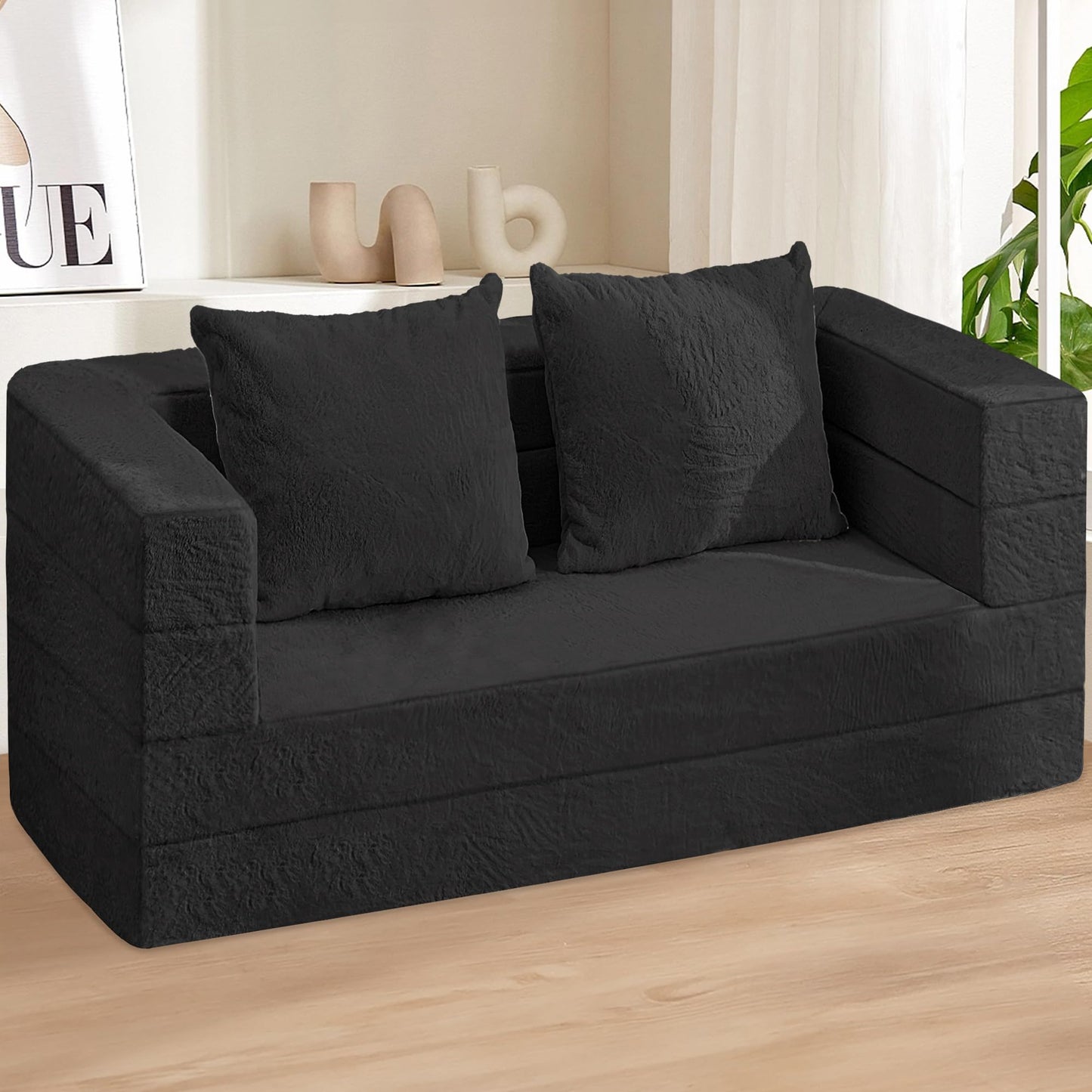 Cansunna Futon Sofa Bed with Pillow, 3-in-1 Sleeper Sofa Bed with Removable Cover, Convertible Floor Sofa Bed, No Assembly Boneless Couch for Living Room, Bedroom