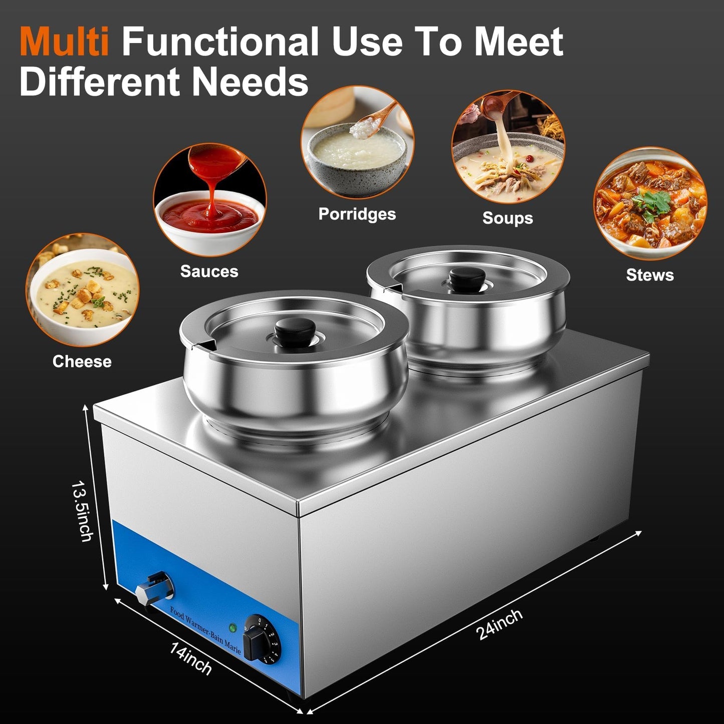 Culistra Commercial Food Warmer, 1200W Electric Stainless Steel Steam Table Soup Warmer with 2 Well 7.5Qt. Pot, Bain Marie, for Catering, Buffet, Canteens, Cafeterias, Restaurants, CSA Certification
