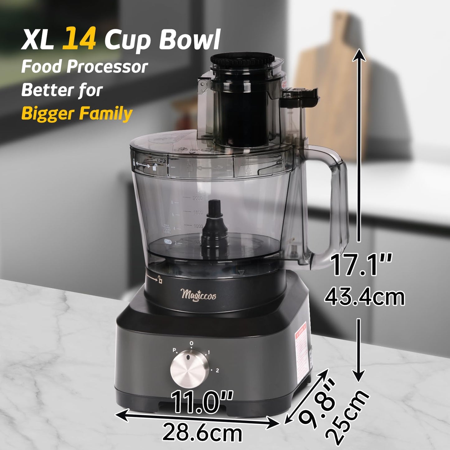 Magiccos 14-Cup French-Fry-Cutter Large Food-Processor - Large Feed Chute, Grey Color, Cheese Shredding, Meat Chopping, Shredding and Slicing, Mixing and Doughing, for Home Use