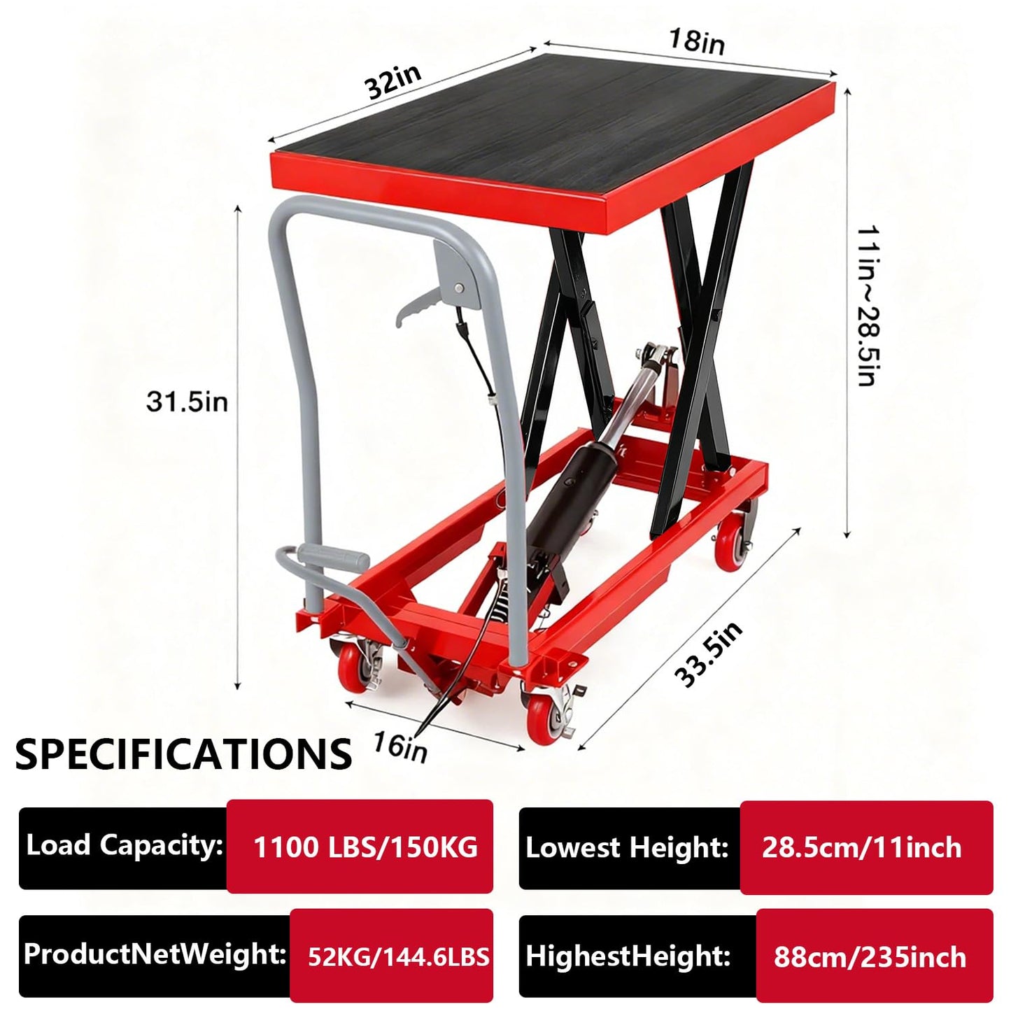 1100LBS Hydraulic Lift Table Cart, 32" Lifting Height Hydraulic Material Lift Pallet Truck with 4 Locking Wheels for Material Handling and Transportation