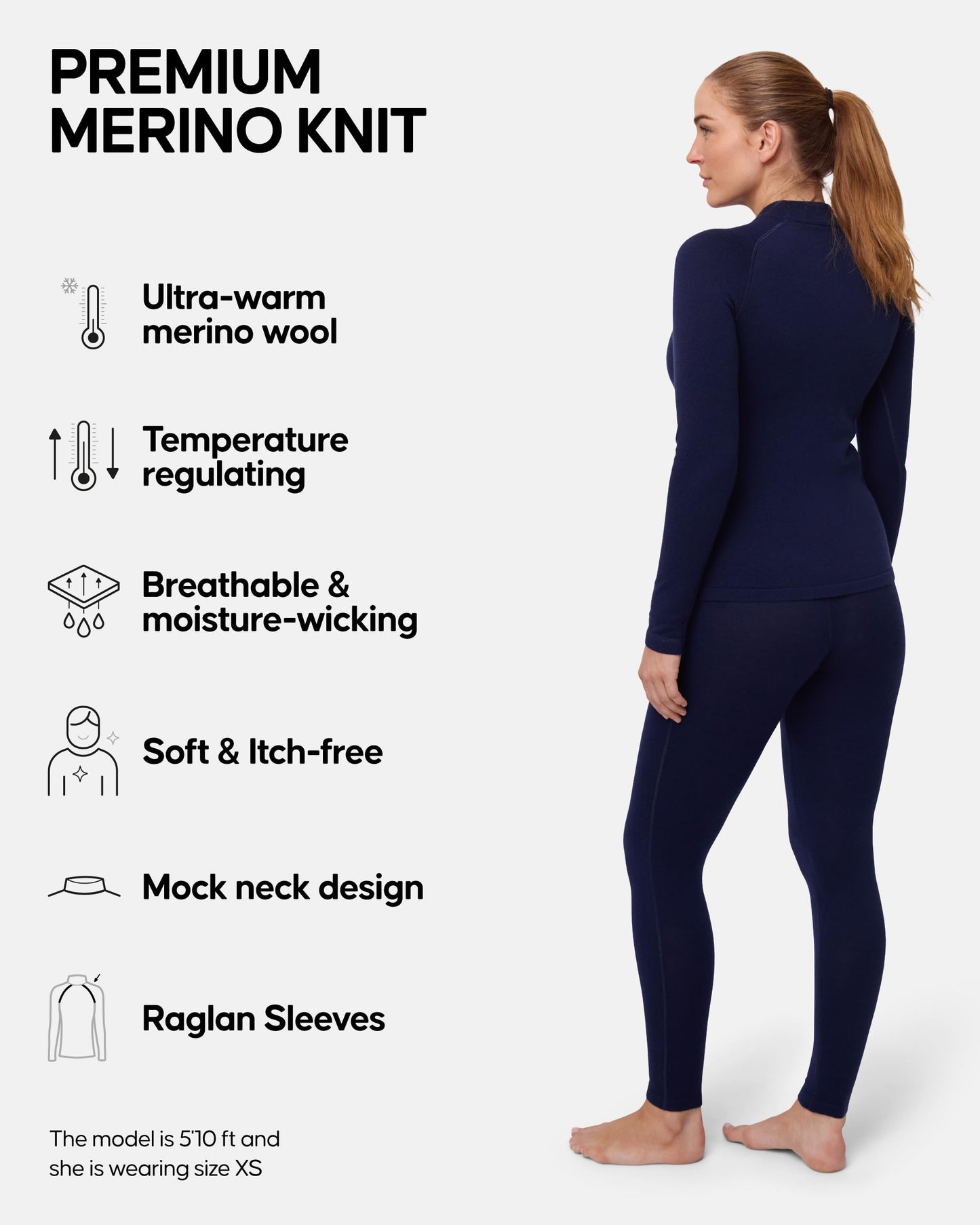 DANISH ENDURANCE Merino Wool Base Layers Women, Women's Thermal Sets for the Extreme Cold, Dark Navy, Small