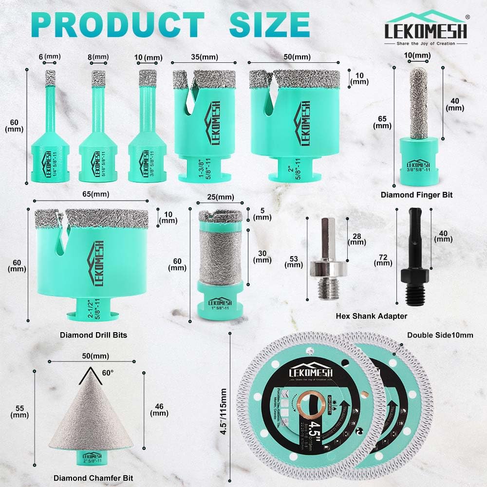 LEKOMESH Tile Hole Saw Kit for Porcelain - (6/8/10/35/50/65mm+Finger Bit+Drilling Milling +Chamfer Bit+Adapter+Tile Blade) Diamond Drill Bits for Ceramic Marble Brick Granite,5/8"-11 Thread