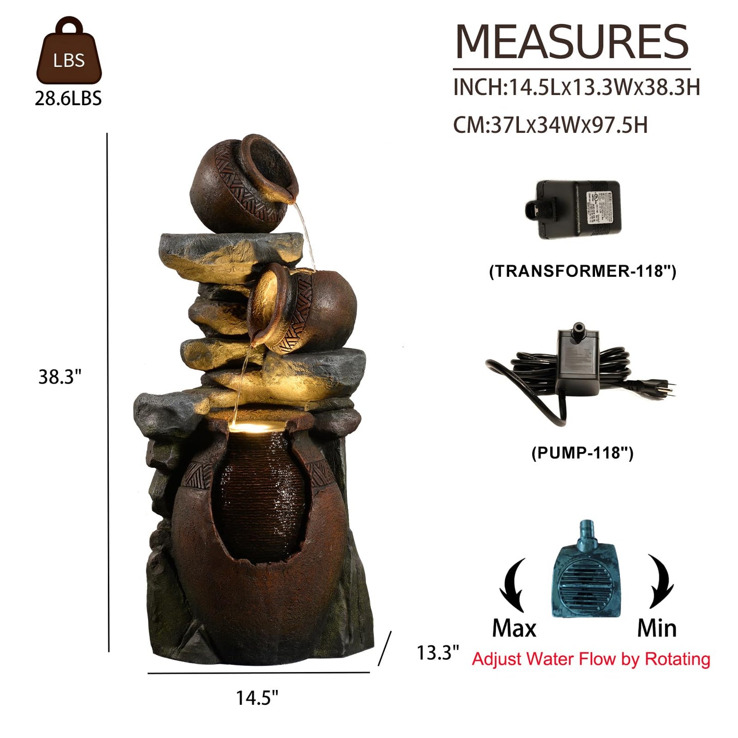 Bumilgar Outdoor Garden Water Fountain for Garden, Patio, Backyard, Deck, Porch and Home Art Decor, 3 Tiers Modern Cascading Outdoor Fountain with Lights 38.4" H