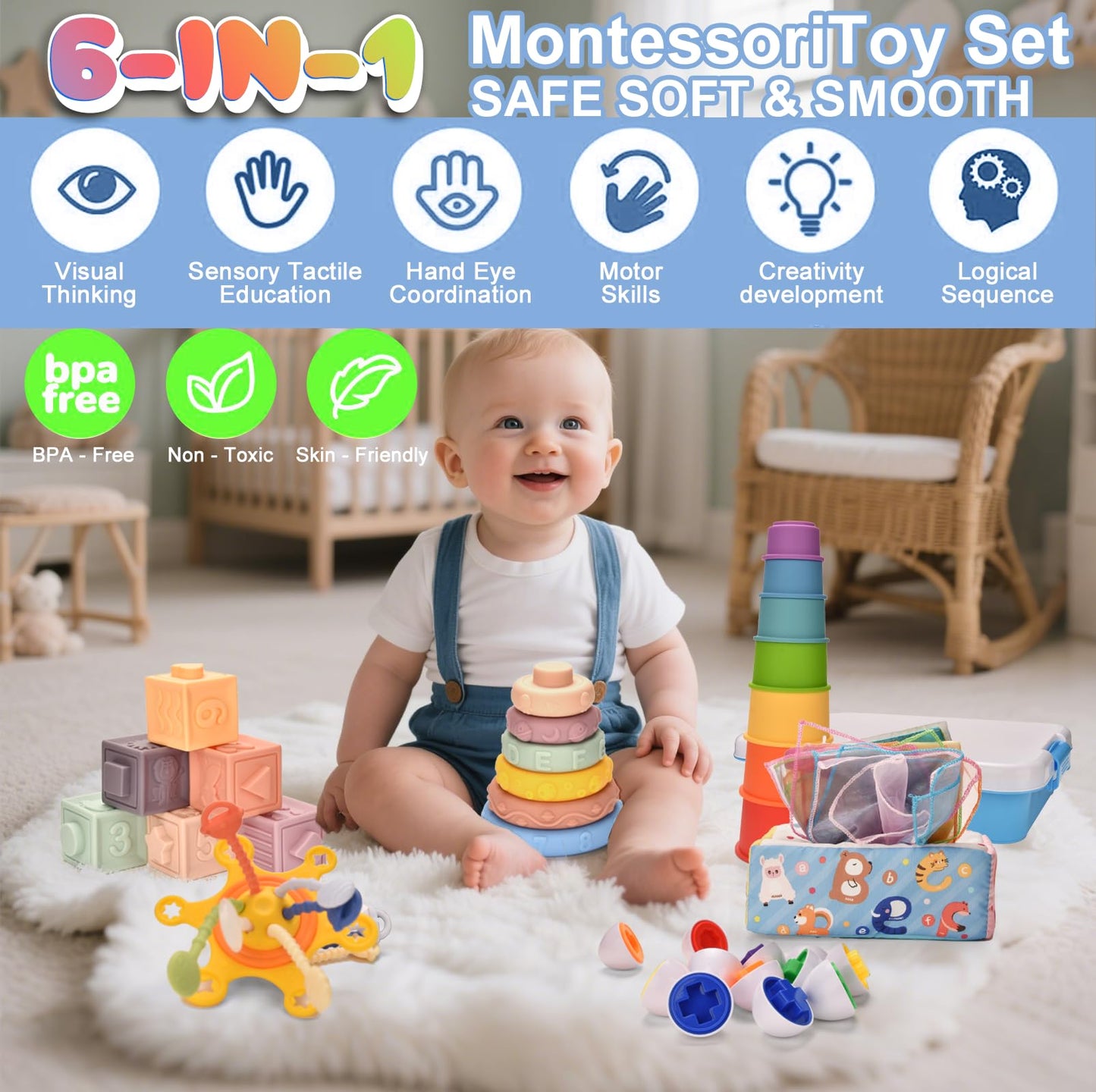 Baby Toys 6-12 Months,Montessori Toys for 6-9-12 Month old,6-in-1 Sensory Toys Stacking Cups Building Blocks,Teething Pull String,Tissue Box Toys for Babies 6-9-12,18-24 Months,1-3 Year old Baby Gifts