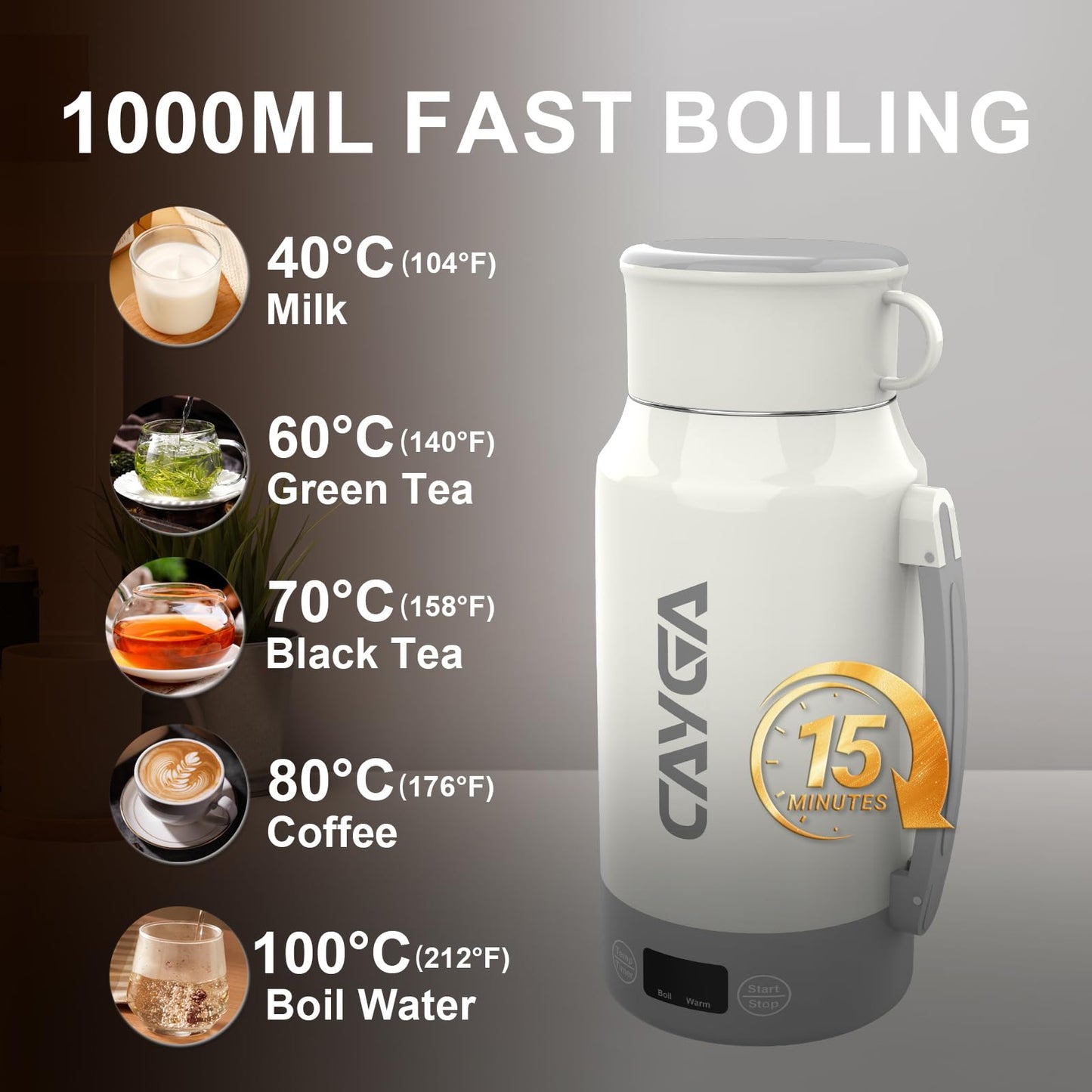 34 Oz/1000ml Travel Portable Tea Kettle with Temperature Control and LCD Display, 304 Stainless Steel Water Boiler Heating Mug
