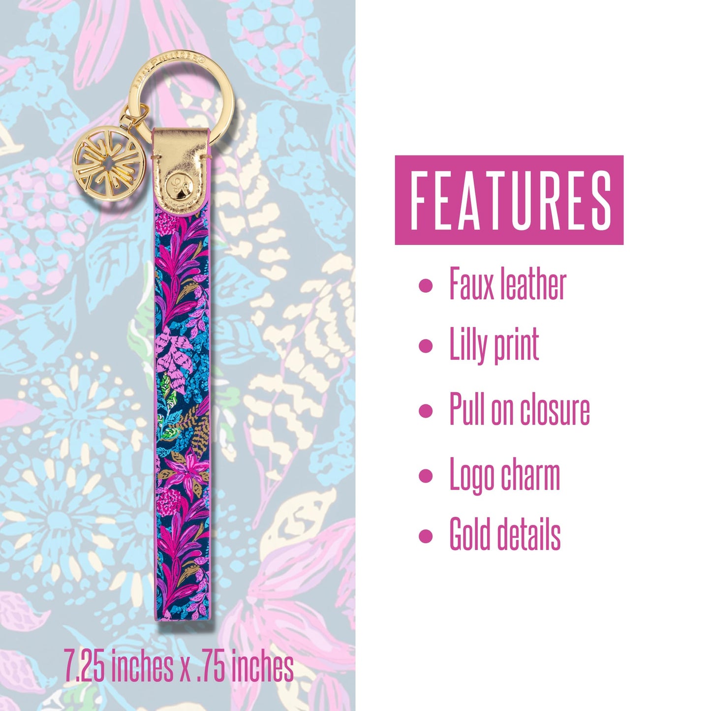 Lilly Pulitzer Durable Leatherette Strap Key Chain, Cute Wristlet Keychain Accessory with Metal Ring, Calypso Coast