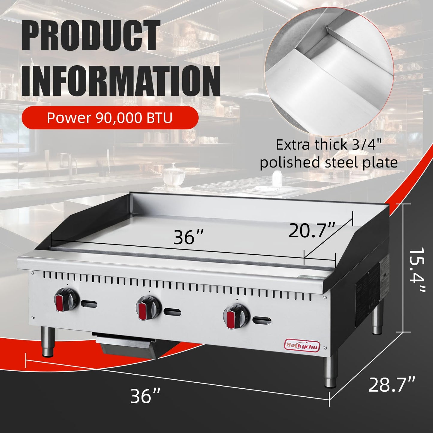 Backychu Commercial Gas Griddle - 36" Countertop Griddle. 90,000 BTU Flat Top Griddle, Natural Gas (NG) / Propane, CSA Certified Stainless Steel Teppanyaki Grill for Restaurants