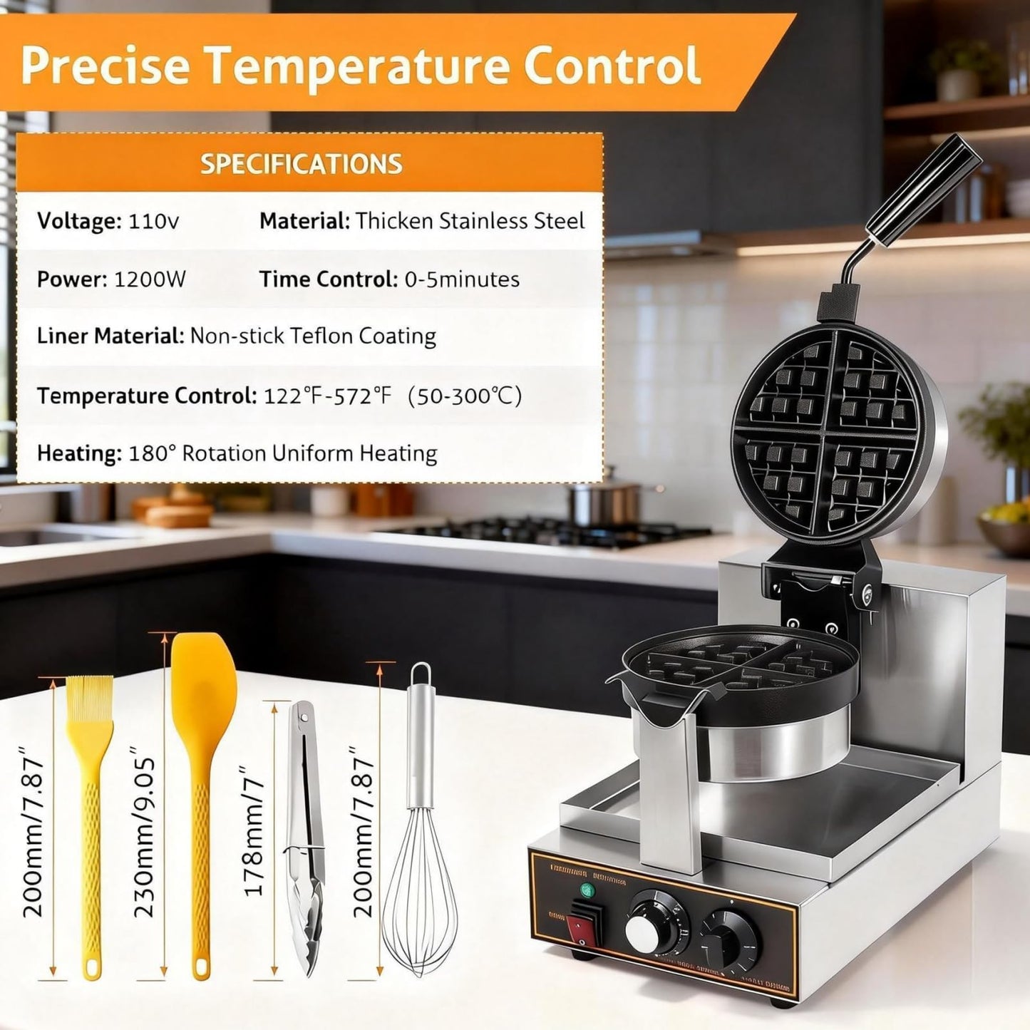 WICHEMI Commercial Belgian Waffle Maker Thick, Cast Iron Waffle Maker Rotating, 180° Flip Nonstick Time Control Temperature Adjustable 110v 1200w