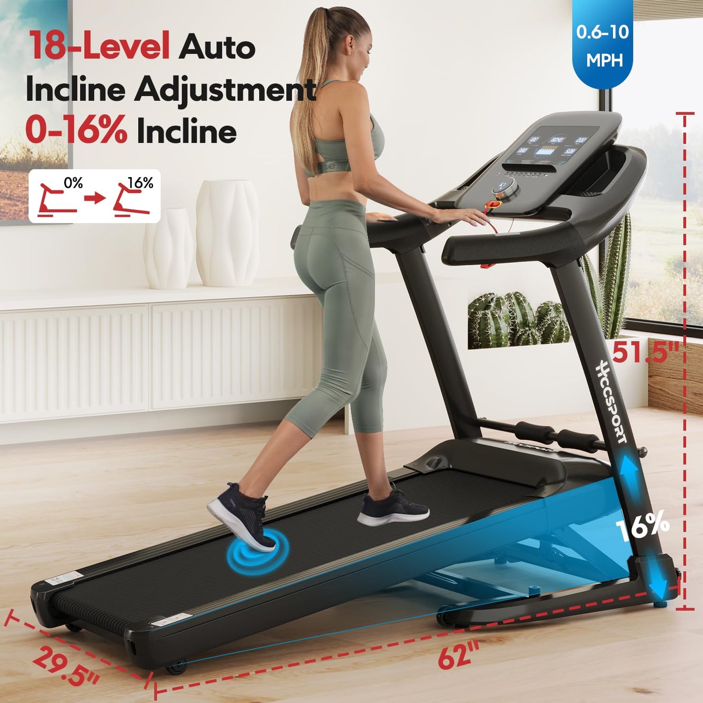 Hccsport Walking Treadmill with 16% Auto Incline, Air Cushioning Shock Absorption 300+ Weight Capacity Foldable Treadmill for Home Office with Pulse Sensors, 10 Mph Speed 18.5'' Wide Belt Quiet Motor