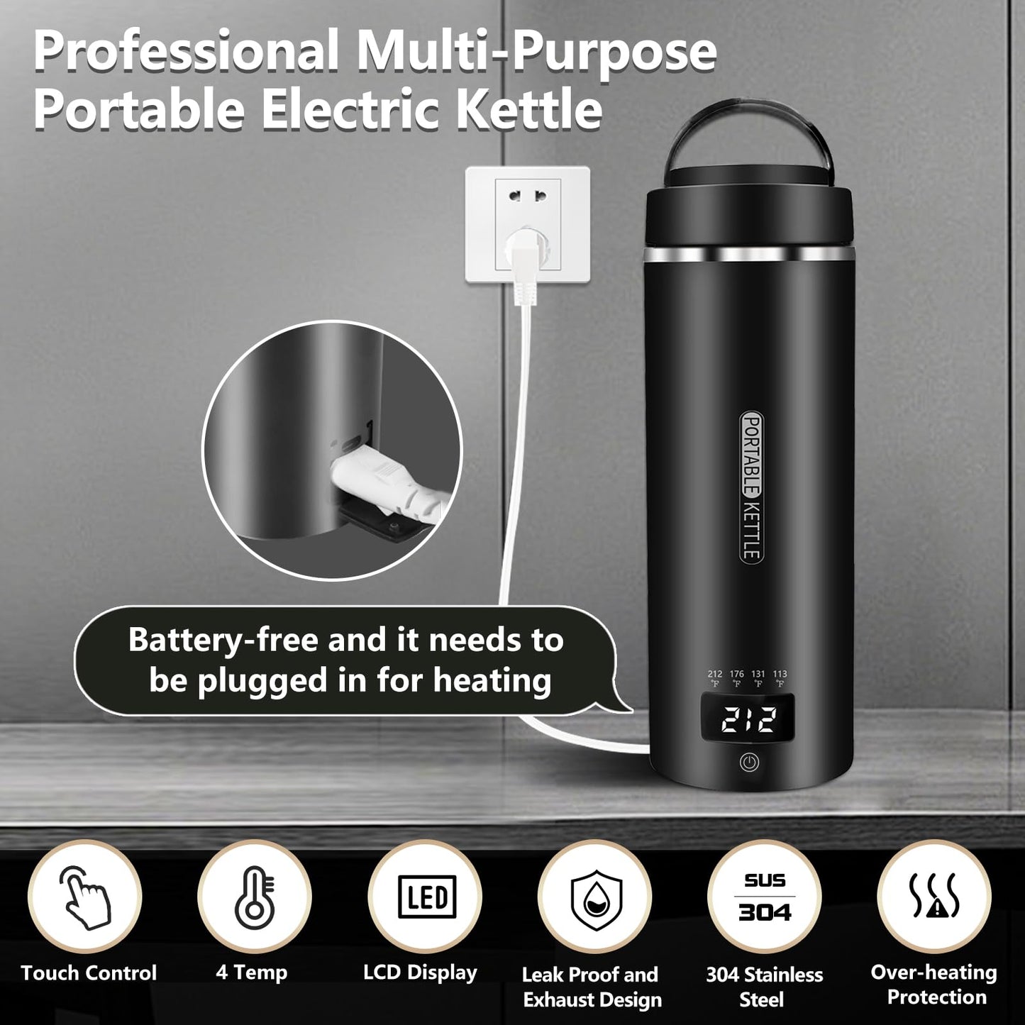 Travel Kettle Small Tea Kettle Coffee Mini Portable Electric Kettle with 4 Temperature Settings, Plug in 304 Stainless Steel Mini Travel Electric Kettle with Auto Shut-off(Black)
